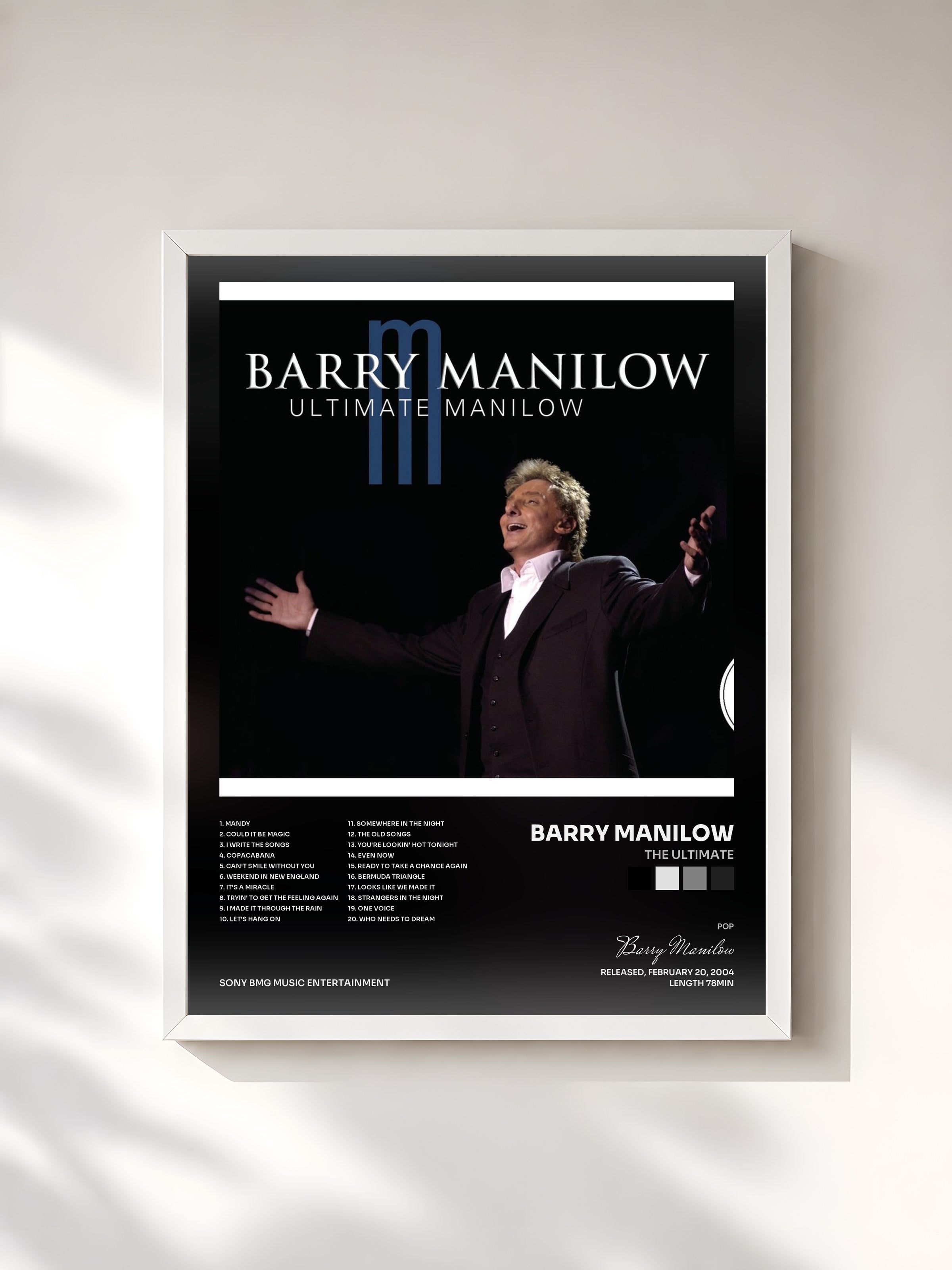 #blanc Tableau de l'album The Ultimate de Barry Manilow, cadre blanc, imprimé et encadré en France