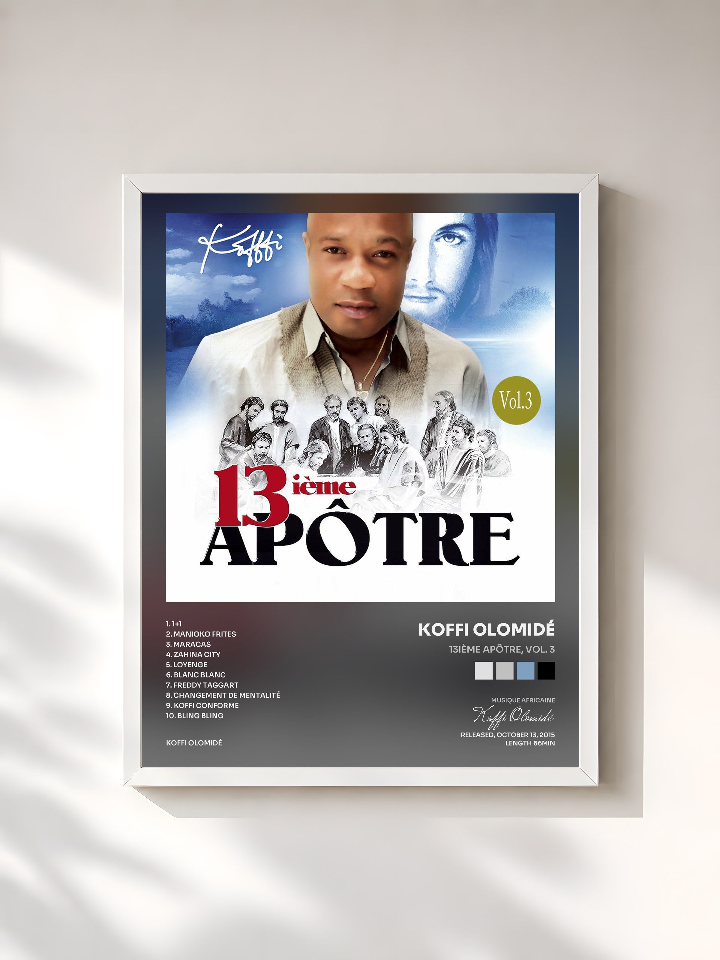 #blanc Tableau de l'album 13ième apôtre, Vol. 3 de Koffi Olomidé, cadre blanc, imprimé et encadré en France