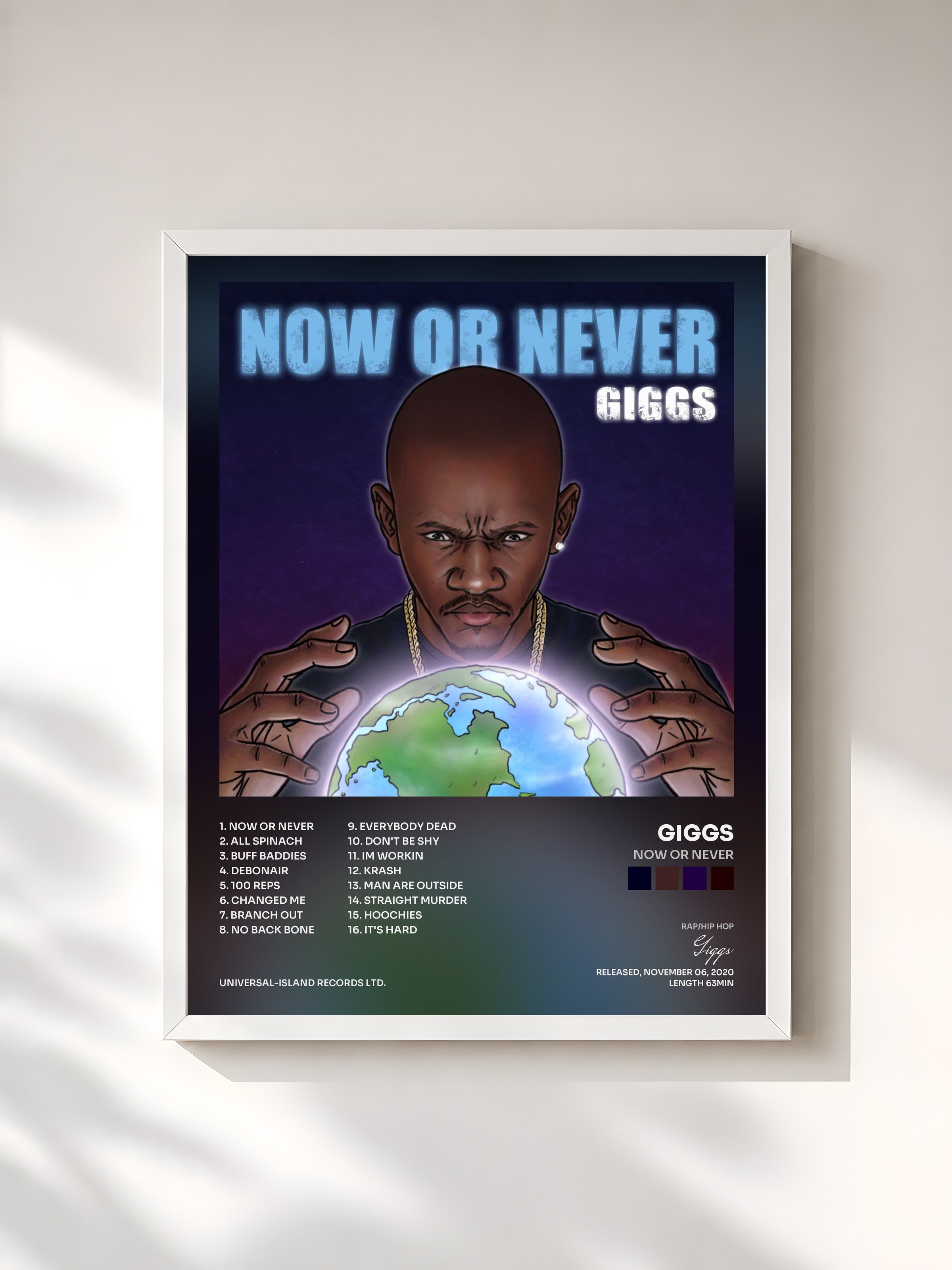 #blanc Tableau de l'album Now Or Never de Giggs, cadre blanc, imprimé et encadré en France