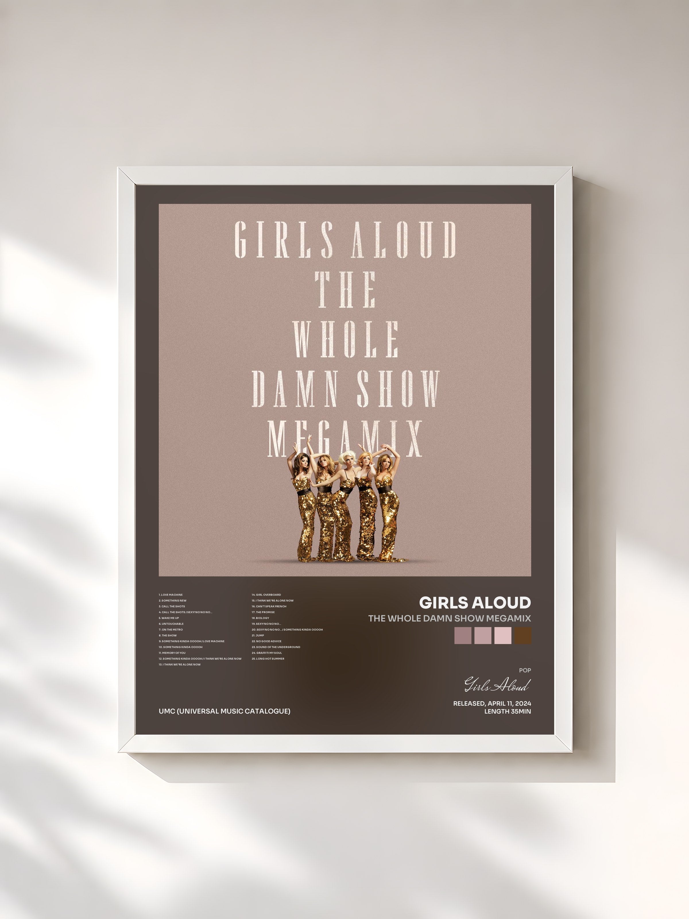 #blanc Tableau de l'album The Whole Damn Show Megamix de Girls Aloud, cadre blanc, imprimé et encadré en France