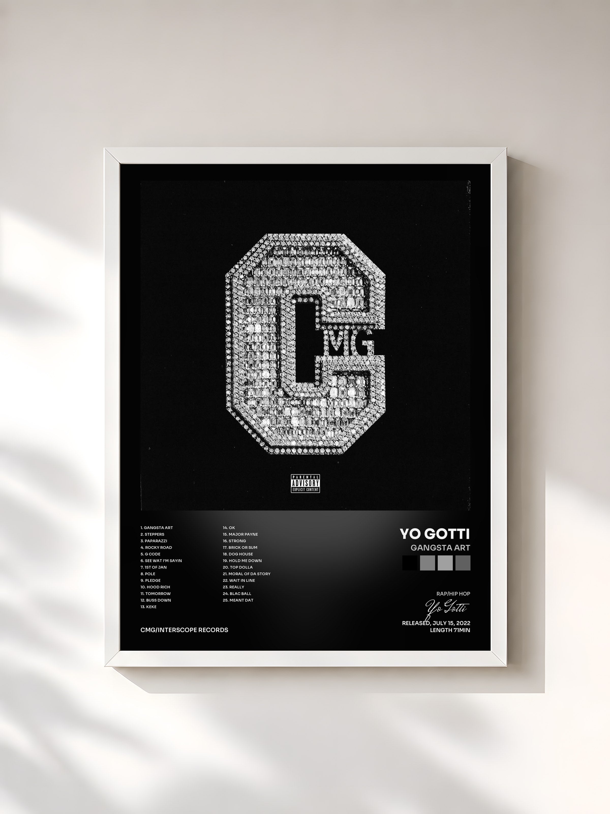 #blanc Tableau de l'album Gangsta Art de Yo Gotti, cadre blanc, imprimé et encadré en France