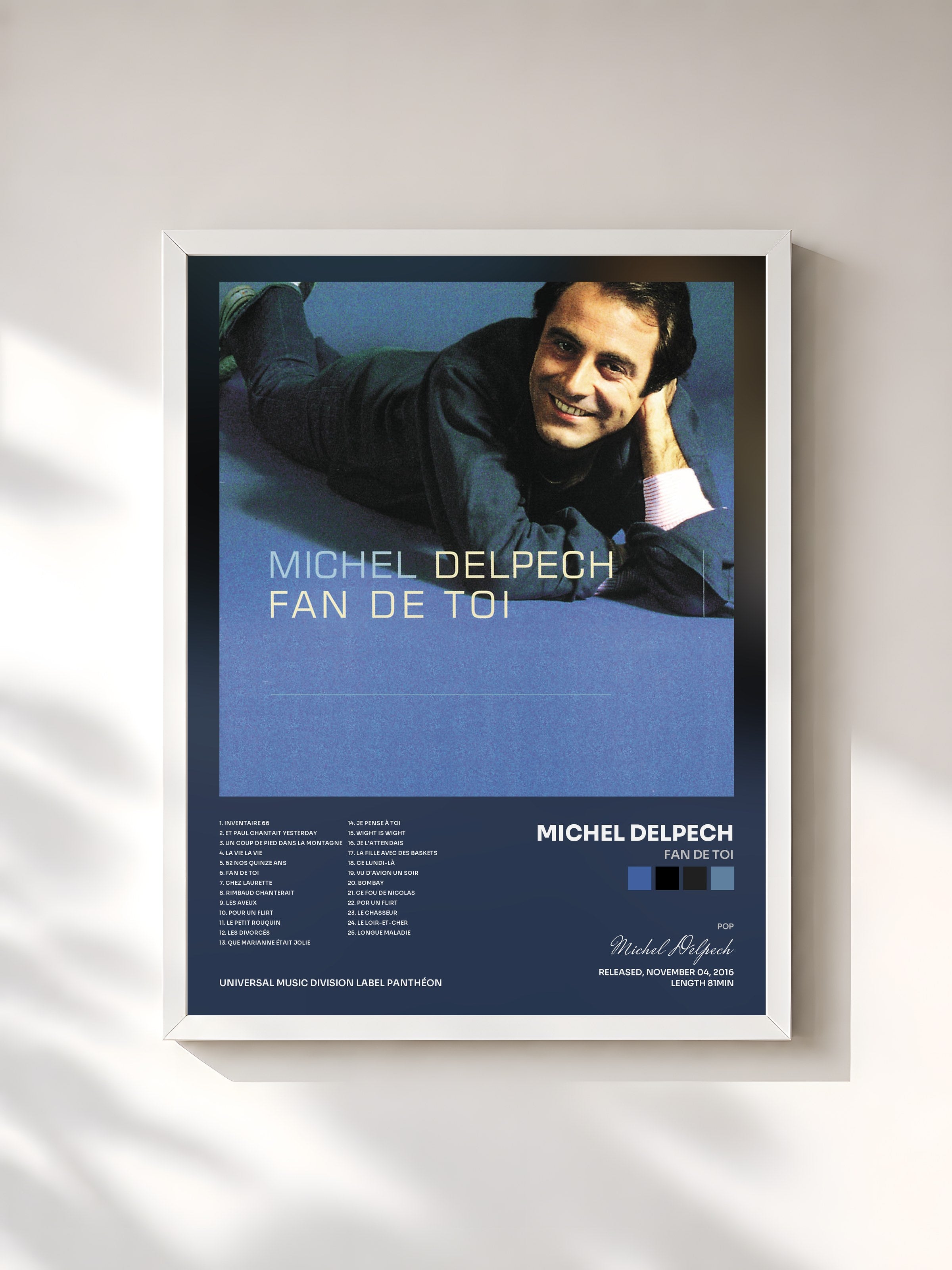 #blanc Tableau de l'album Fan de toi de Michel Delpech, cadre blanc, imprimé et encadré en France