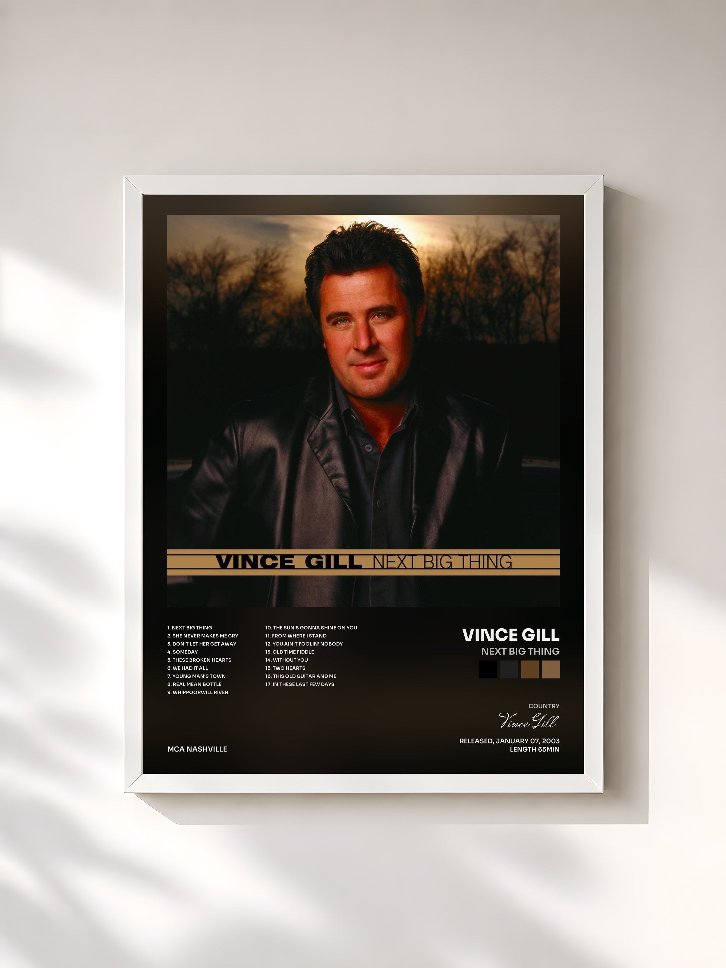 #blanc Tableau de l'album Next Big Thing de Vince Gill, cadre blanc, imprimé et encadré en France