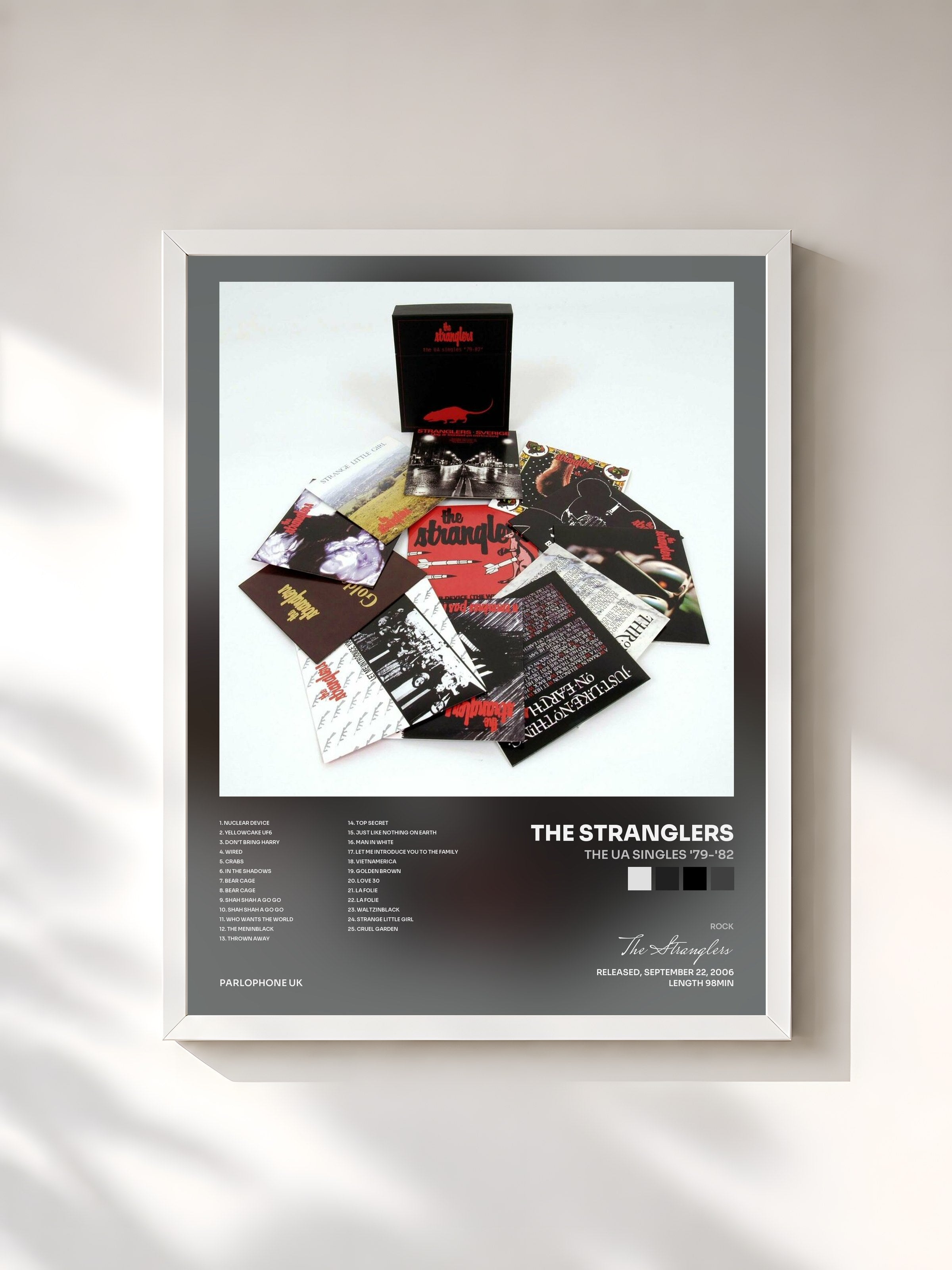 #blanc Tableau de l'album The UA Singles '79-'82 de The Stranglers, cadre blanc, imprimé et encadré en France
