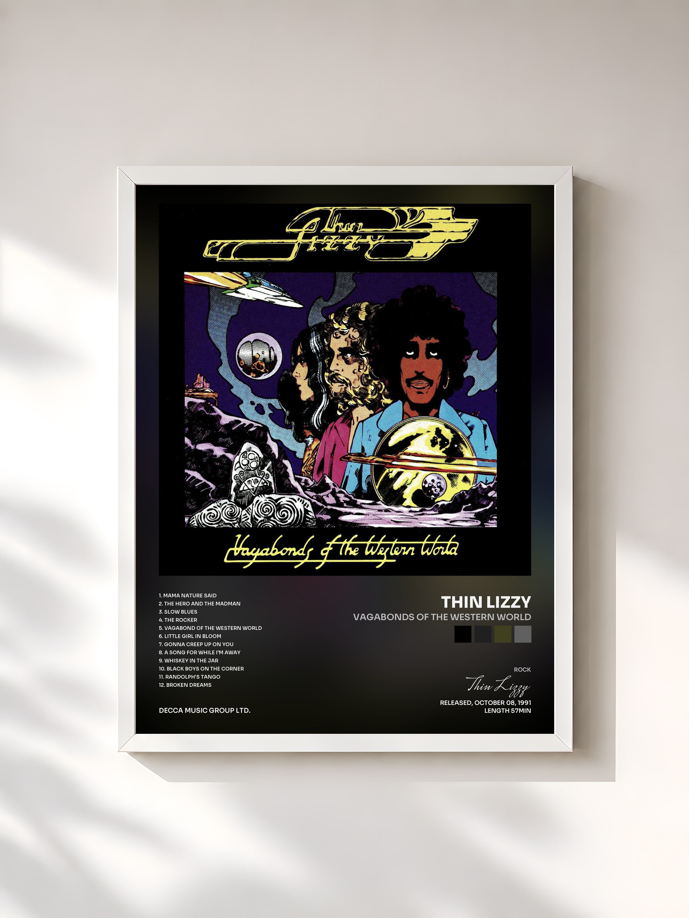 #blanc Tableau de l'album Vagabonds Of The Western World de Thin Lizzy, cadre blanc, imprimé et encadré en France