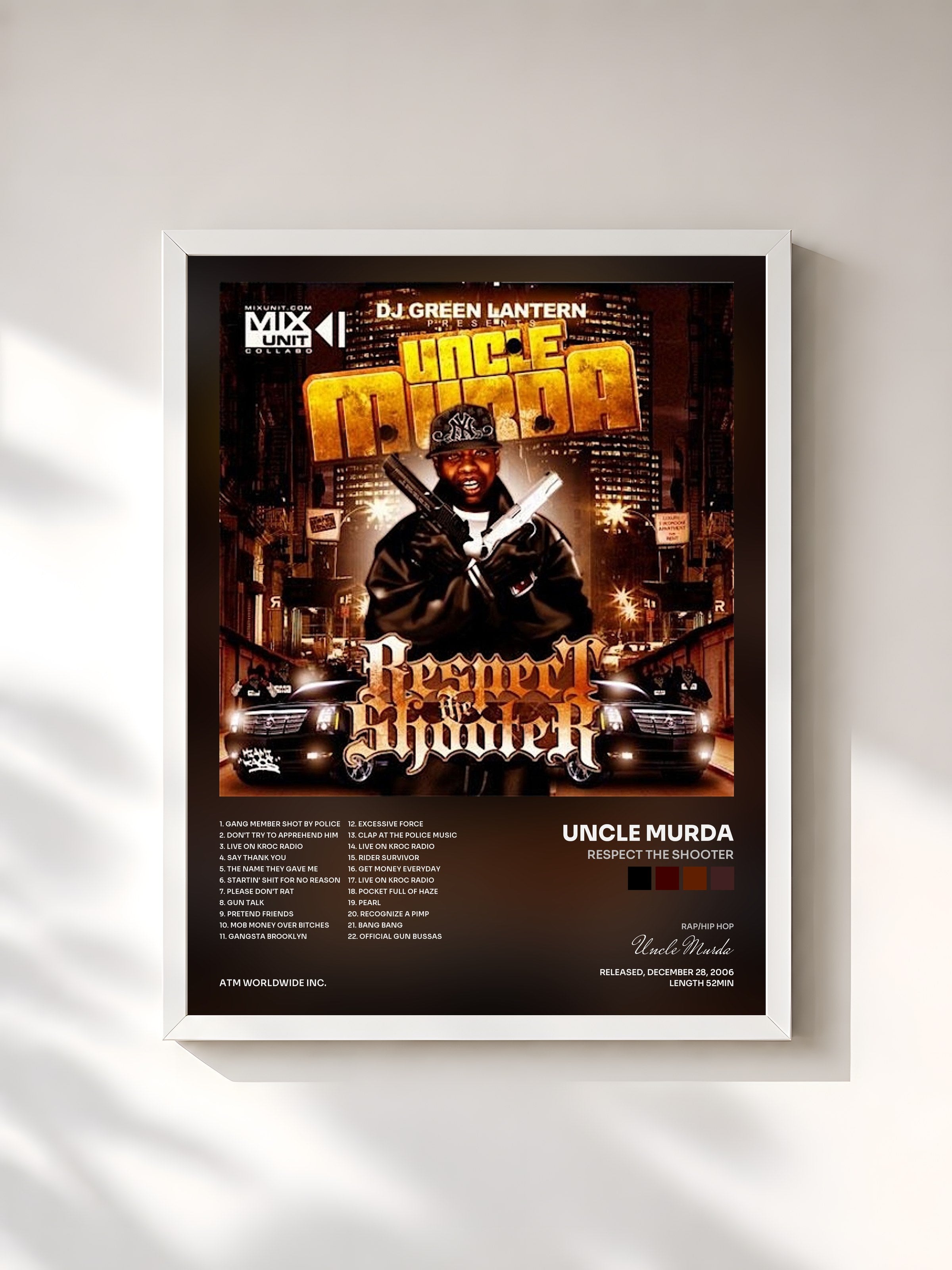 #blanc Tableau de l'album Respect the Shooter de Uncle Murda, cadre blanc, imprimé et encadré en France