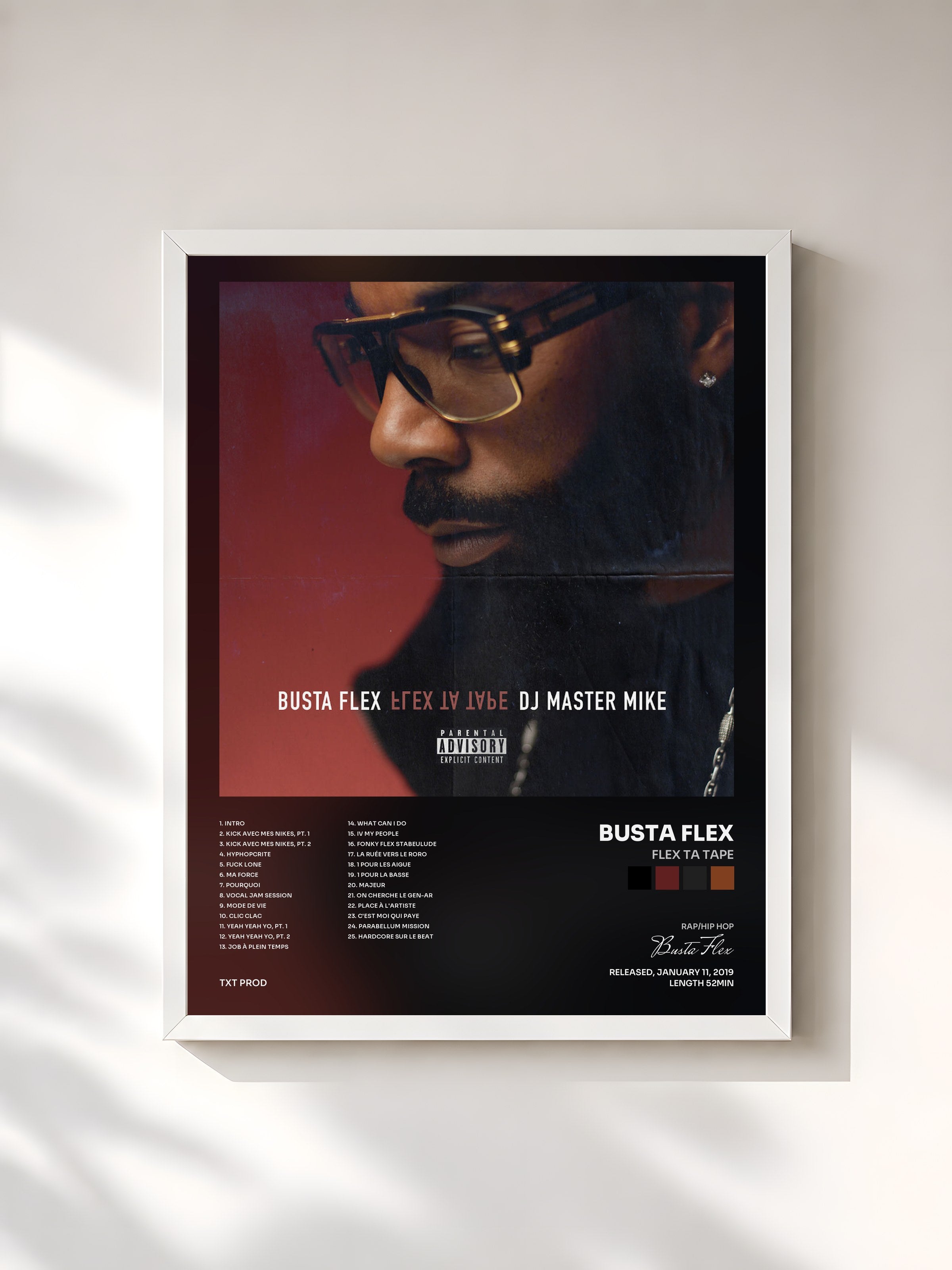 #blanc Tableau de l'album Flex Ta Tape de Busta Flex, cadre blanc, imprimé et encadré en France