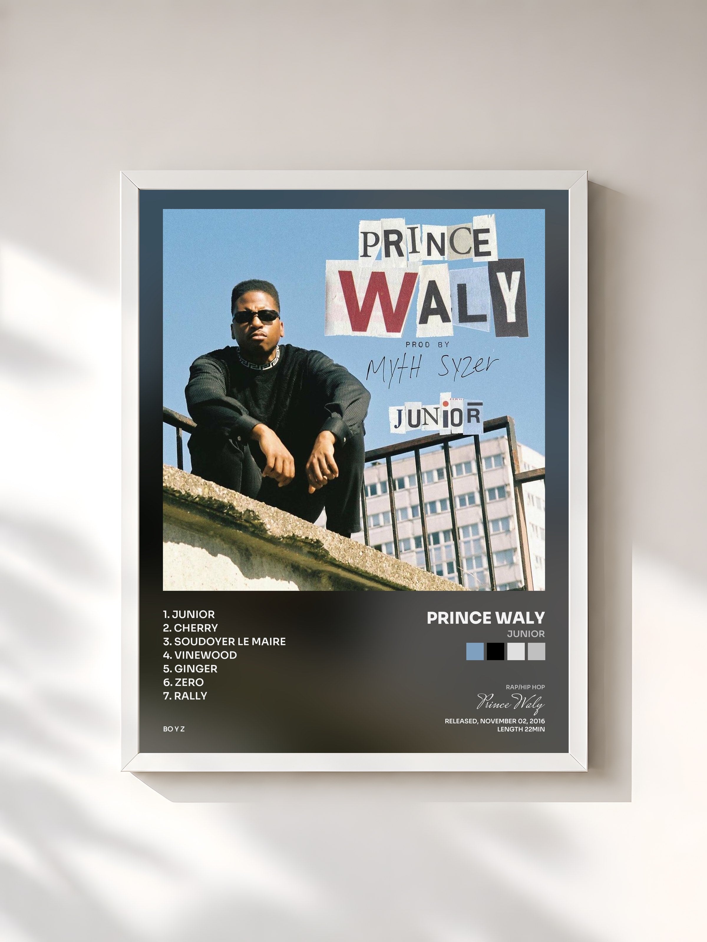 #blanc Tableau de l'album Junior de Prince Waly, cadre blanc, imprimé et encadré en France