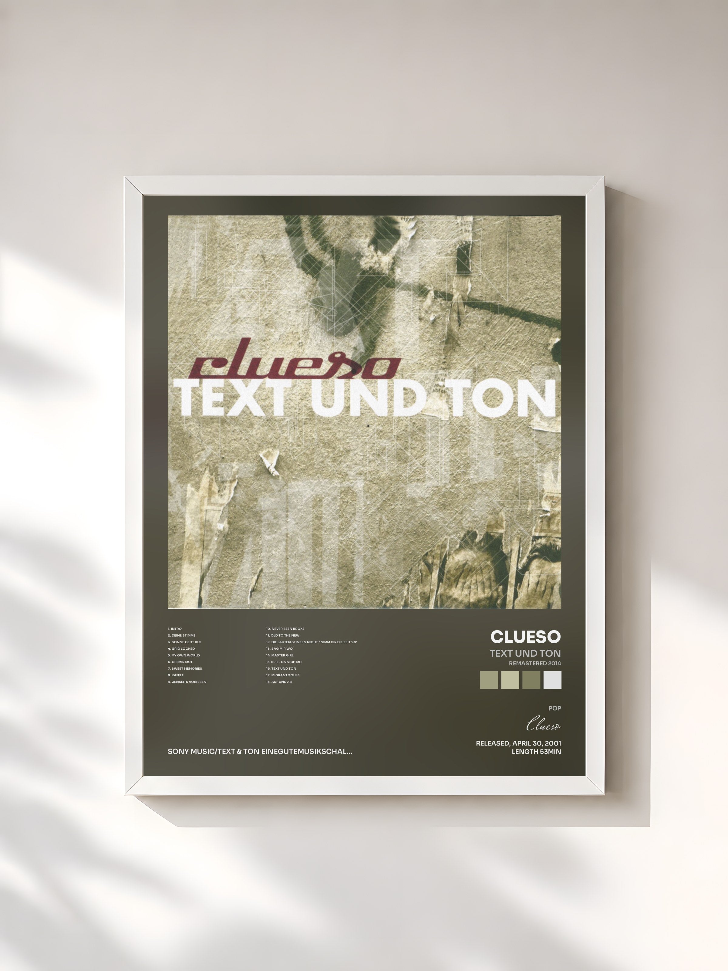 #blanc Tableau de l'album Text und Ton (Remastered 2014) de Clueso, cadre blanc, imprimé et encadré en France