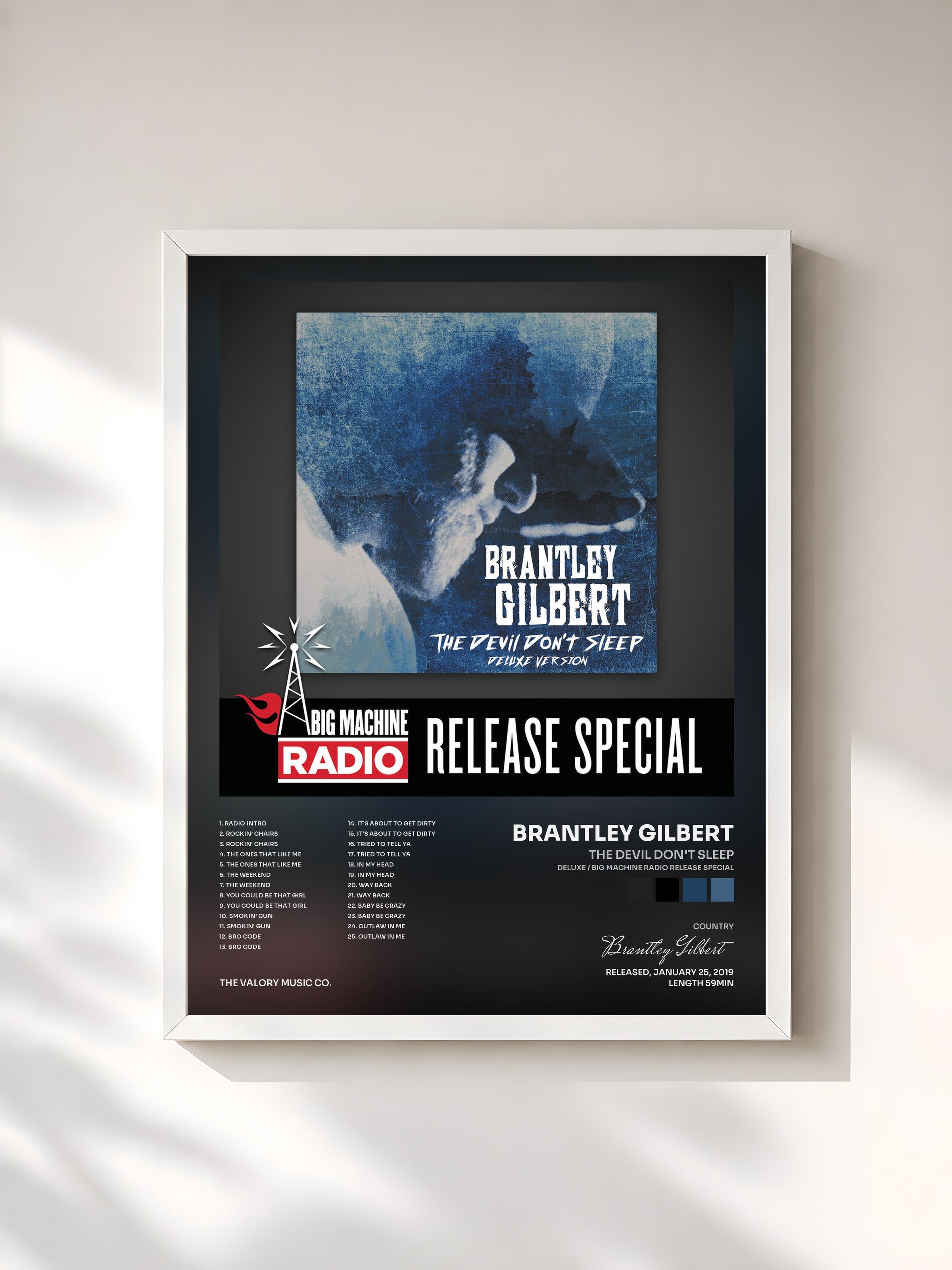 #blanc Tableau de l'album The Devil Don't Sleep (Deluxe / Big Machine Radio Release Special) de Brantley Gilbert, cadre blanc, imprimé et encadré en France