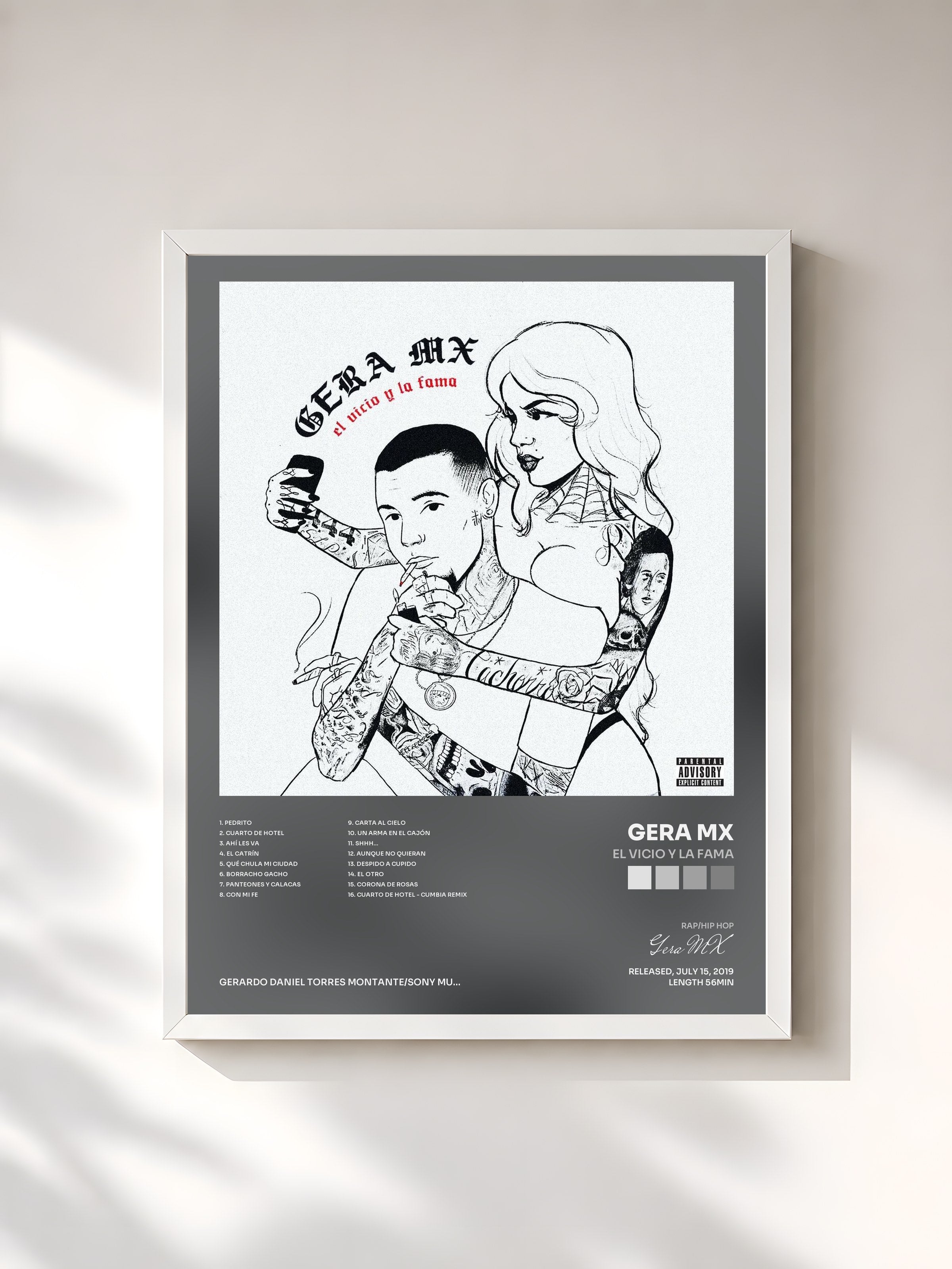 #blanc Tableau de l'album El Vicio y la Fama de Gera MX, cadre blanc, imprimé et encadré en France
