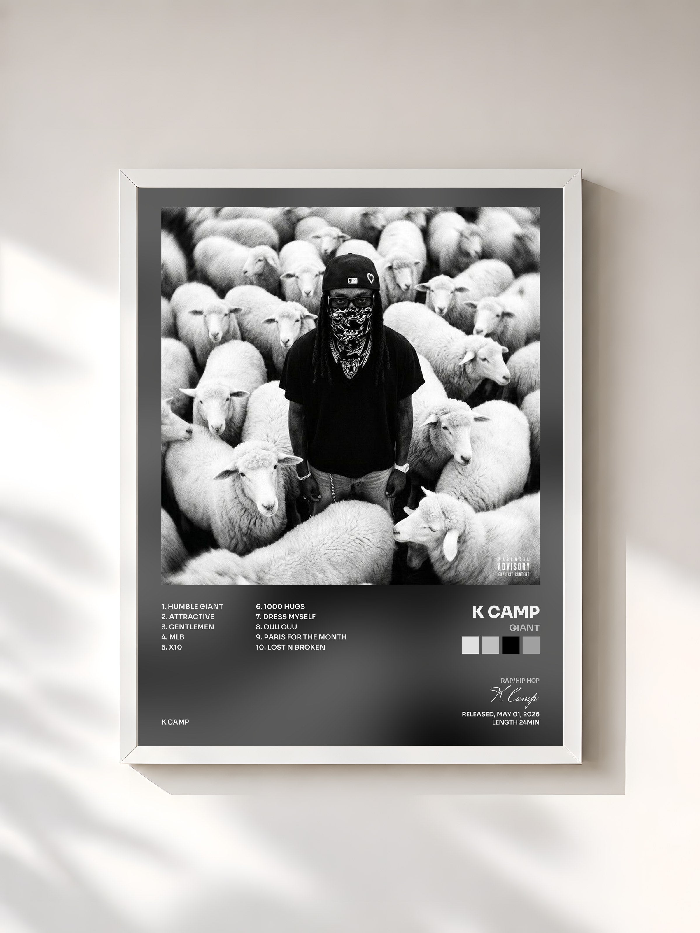 #blanc Tableau de l'album GIANT de K Camp, cadre blanc, imprimé et encadré en France