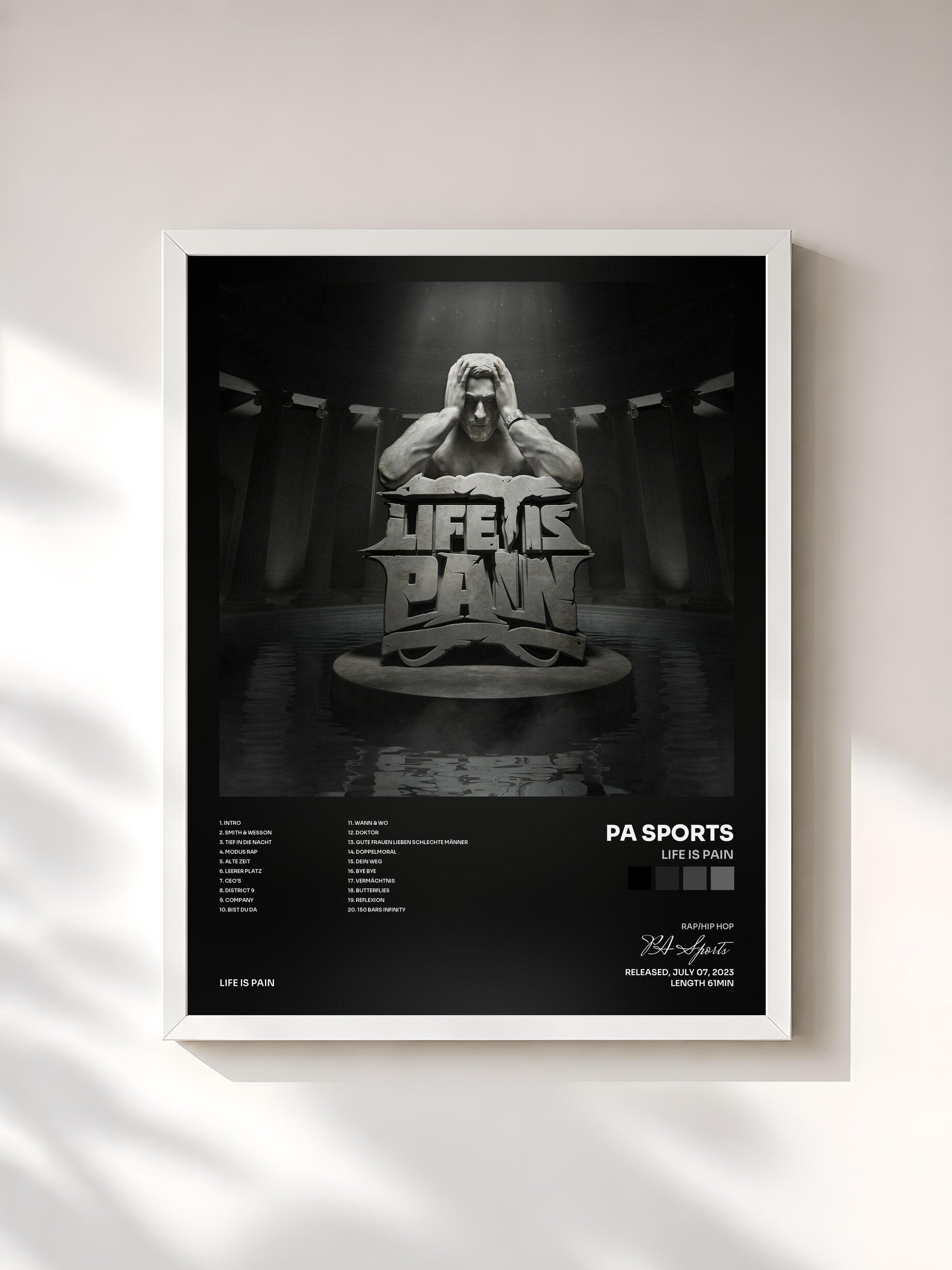 #blanc Tableau de l'album LIFE IS PAIN de PA Sports, cadre blanc, imprimé et encadré en France