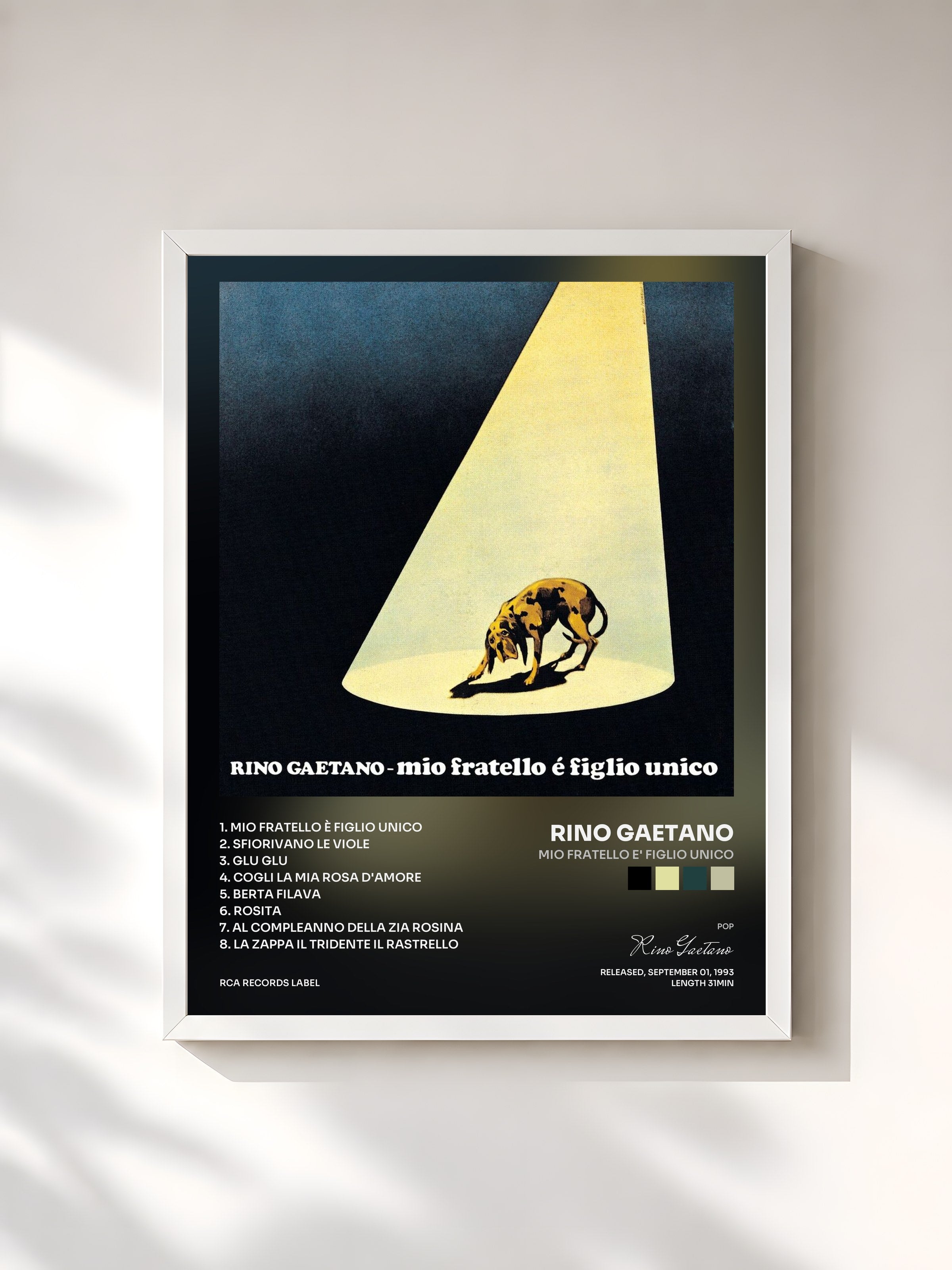 #blanc Tableau de l'album Mio Fratello E' Figlio Unico de Rino Gaetano, cadre blanc, imprimé et encadré en France