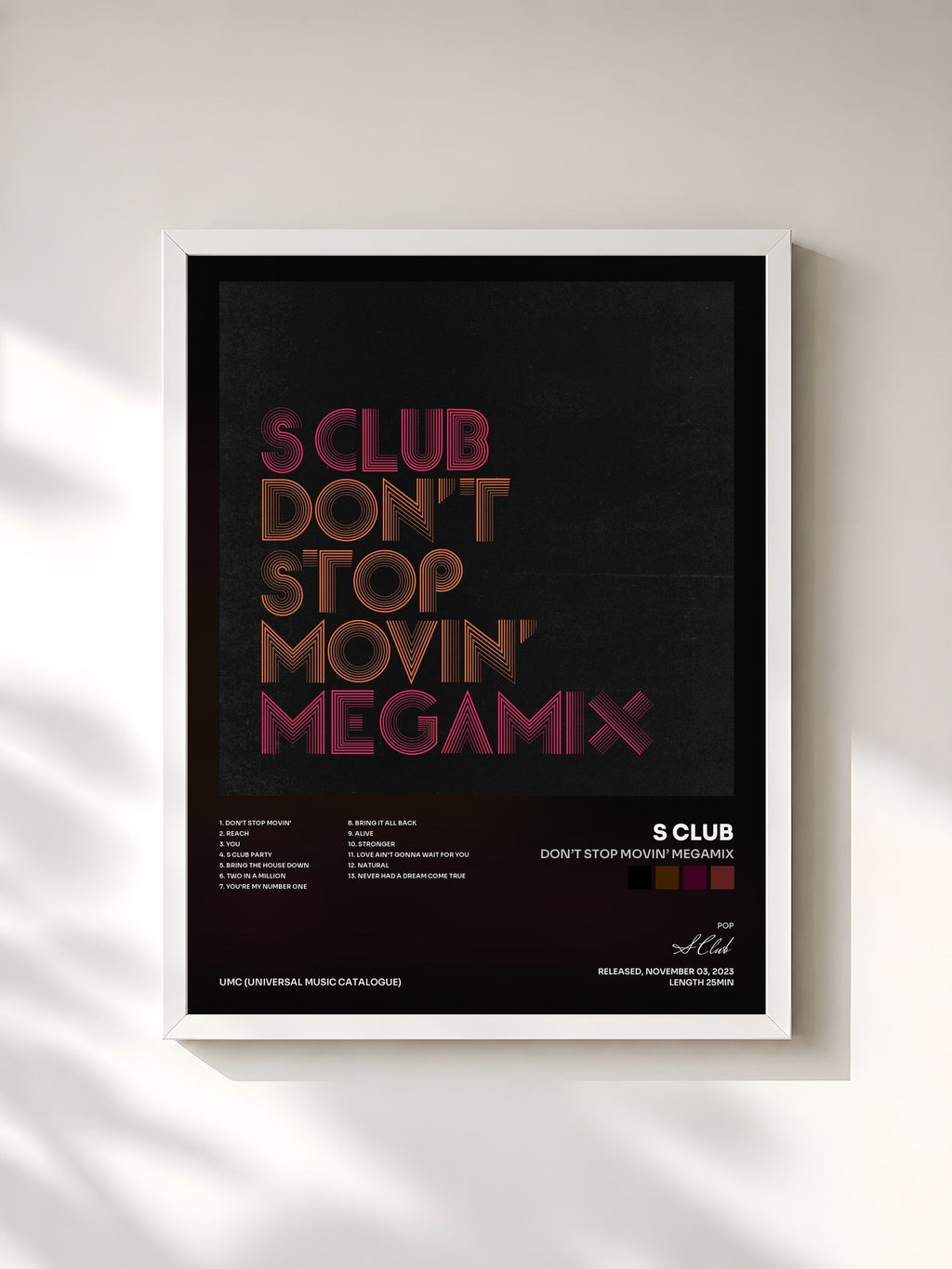 #blanc Tableau de l'album Don’t Stop Movin’ Megamix de S Club, cadre blanc, imprimé et encadré en France