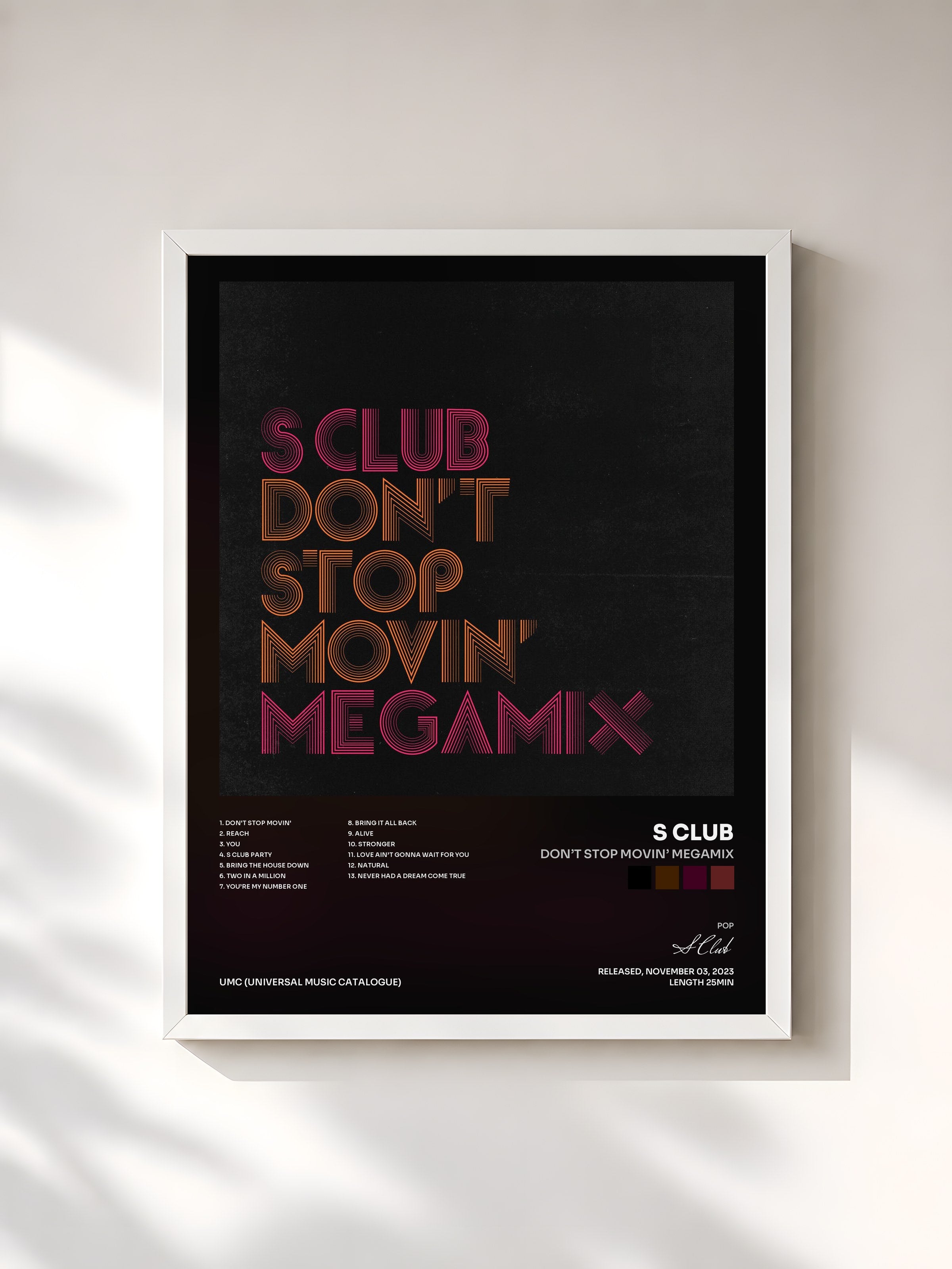 #blanc Tableau de l'album Don’t Stop Movin’ Megamix de S Club, cadre blanc, imprimé et encadré en France