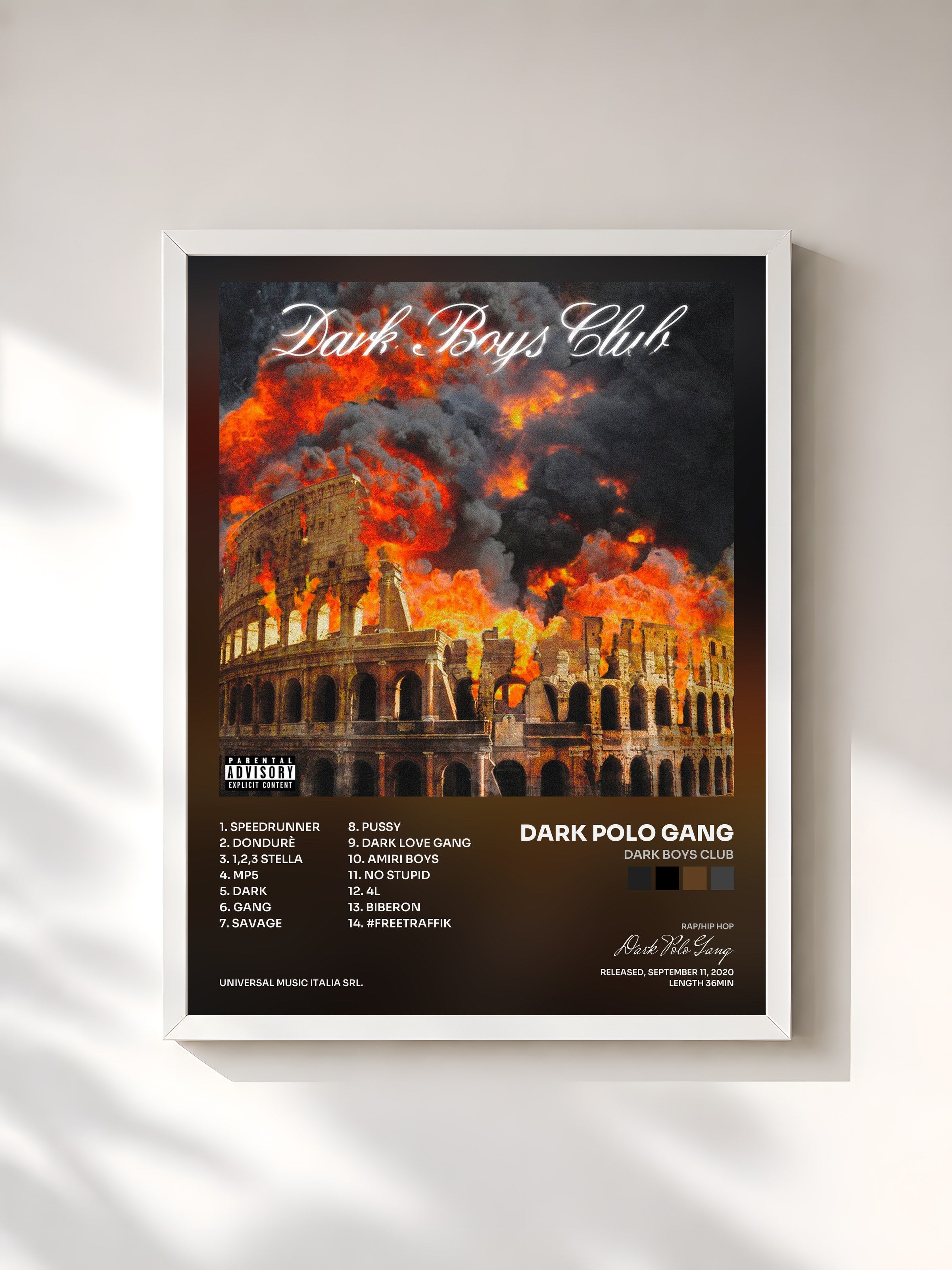 #blanc Tableau de l'album DARK BOYS CLUB de Dark Polo Gang, cadre blanc, imprimé et encadré en France