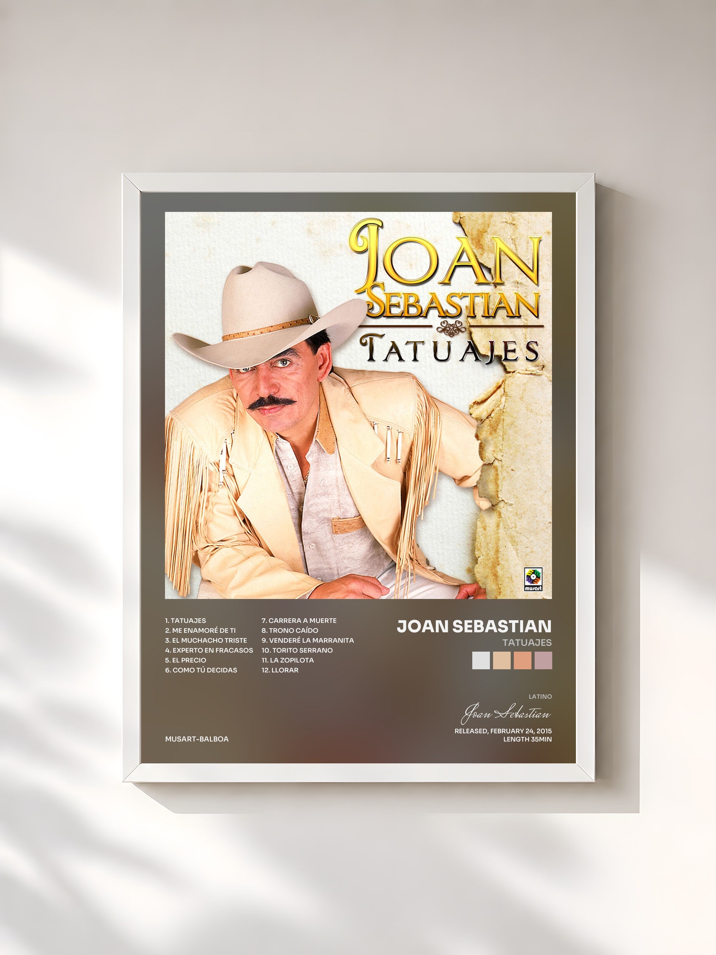 #blanc Tableau de l'album Tatuajes de Joan Sebastian, cadre blanc, imprimé et encadré en France