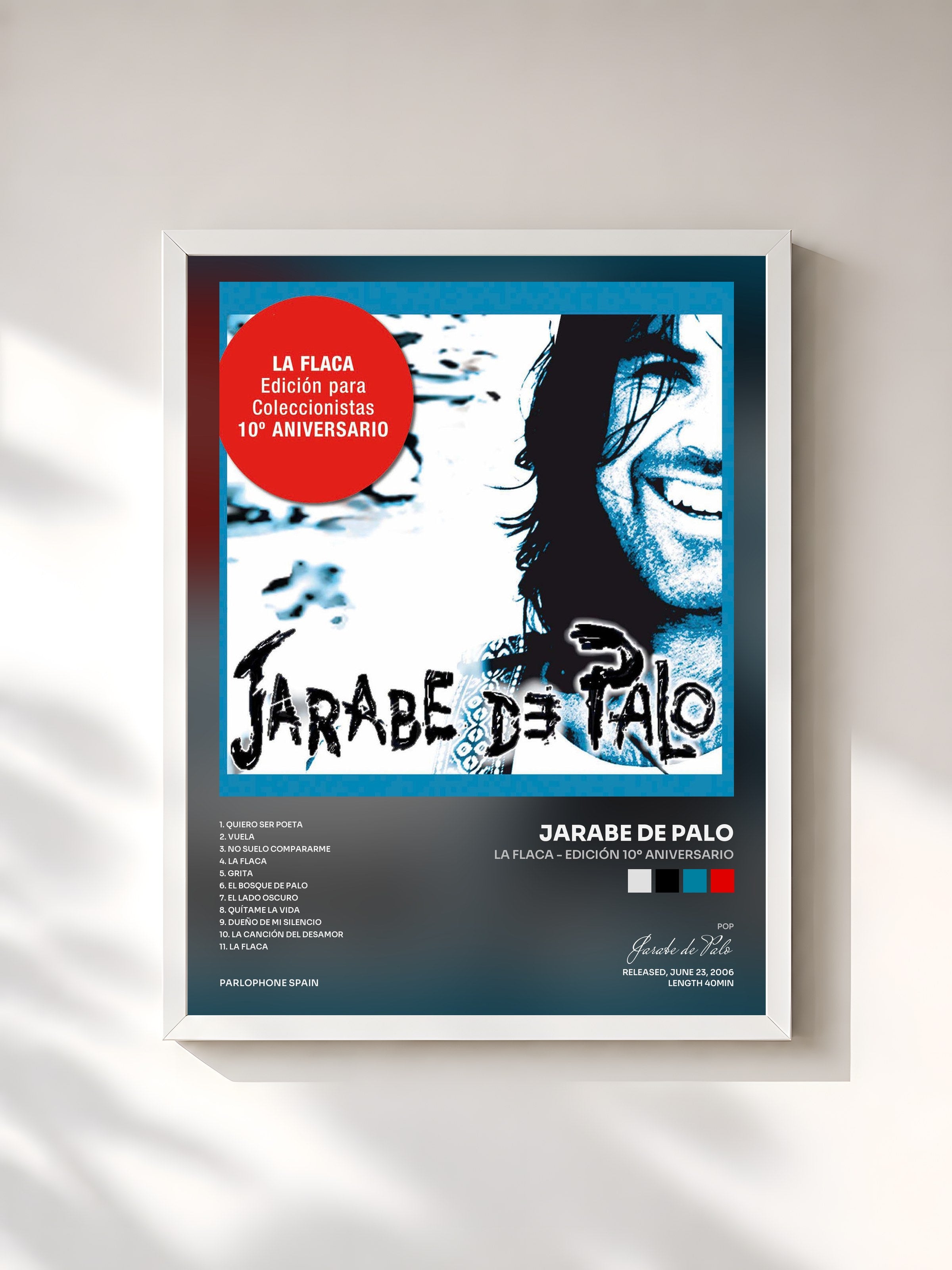#blanc Tableau de l'album La Flaca - Edición 10º Aniversario de Jarabe de Palo, cadre blanc, imprimé et encadré en France