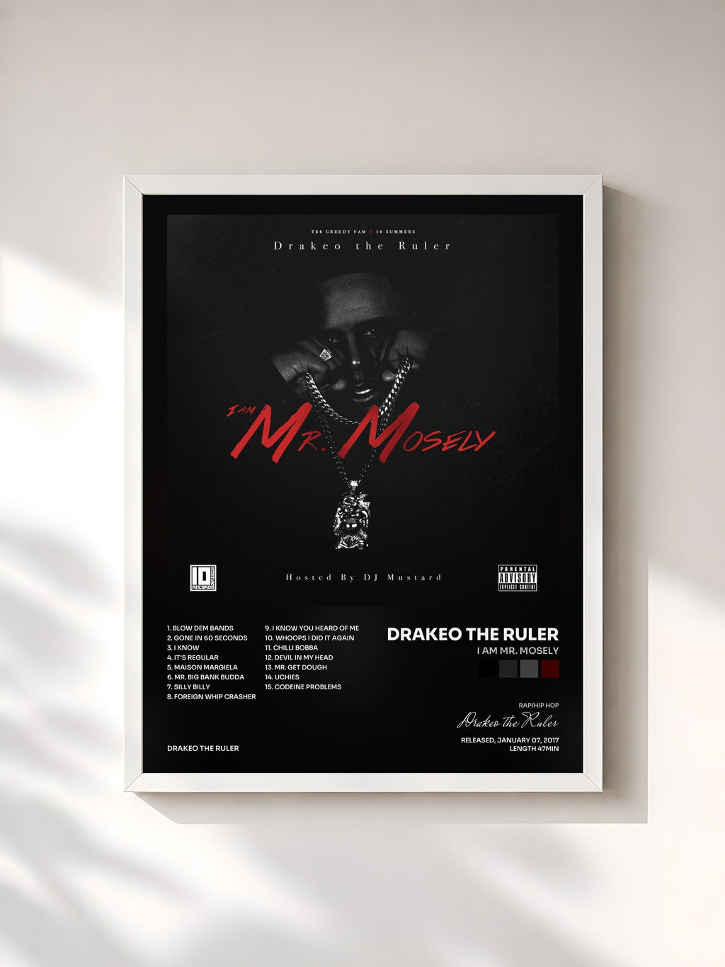 #blanc Tableau de l'album I Am Mr. Mosely de Drakeo the Ruler, cadre blanc, imprimé et encadré en France