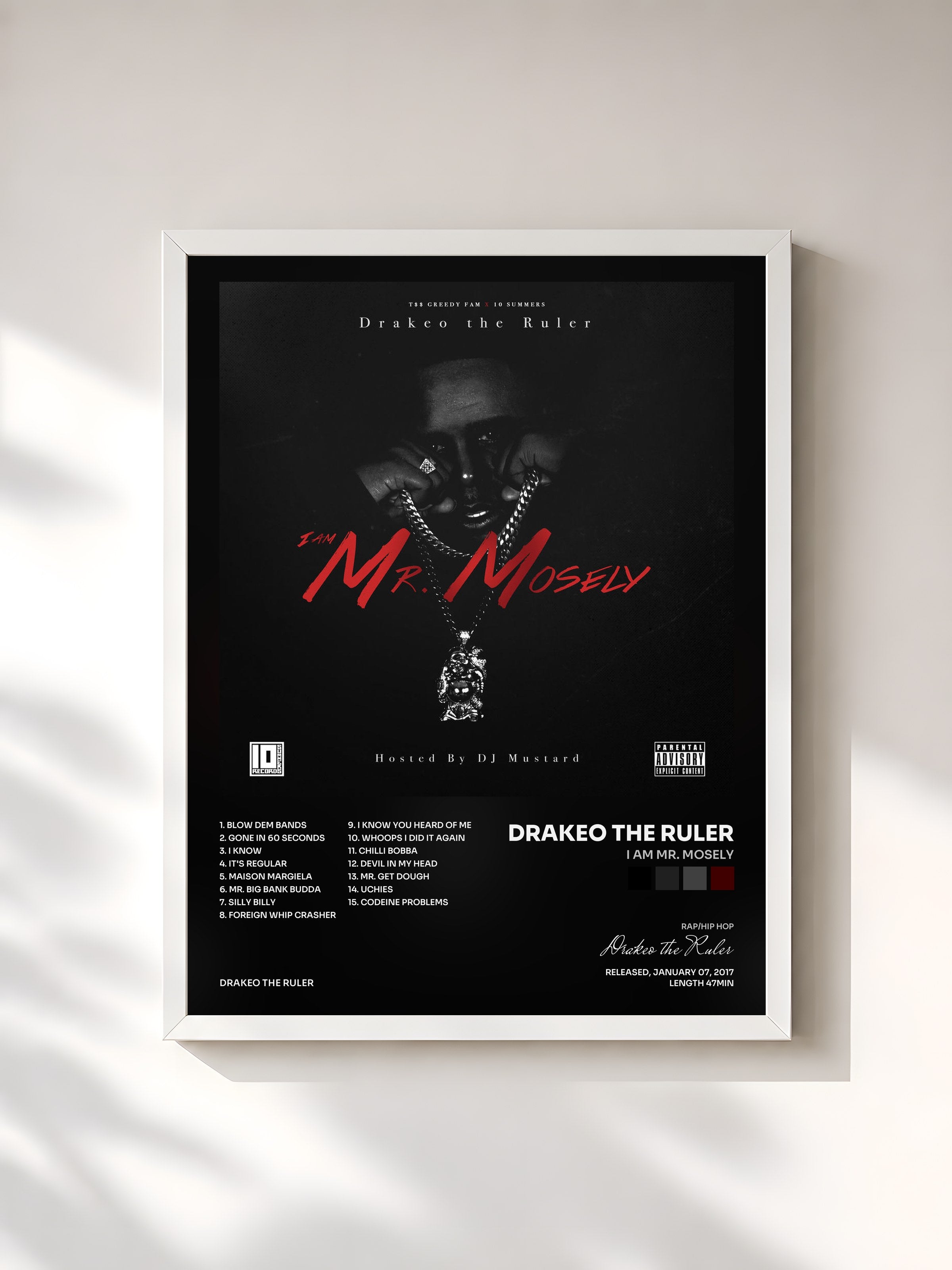 #blanc Tableau de l'album I Am Mr. Mosely de Drakeo the Ruler, cadre blanc, imprimé et encadré en France