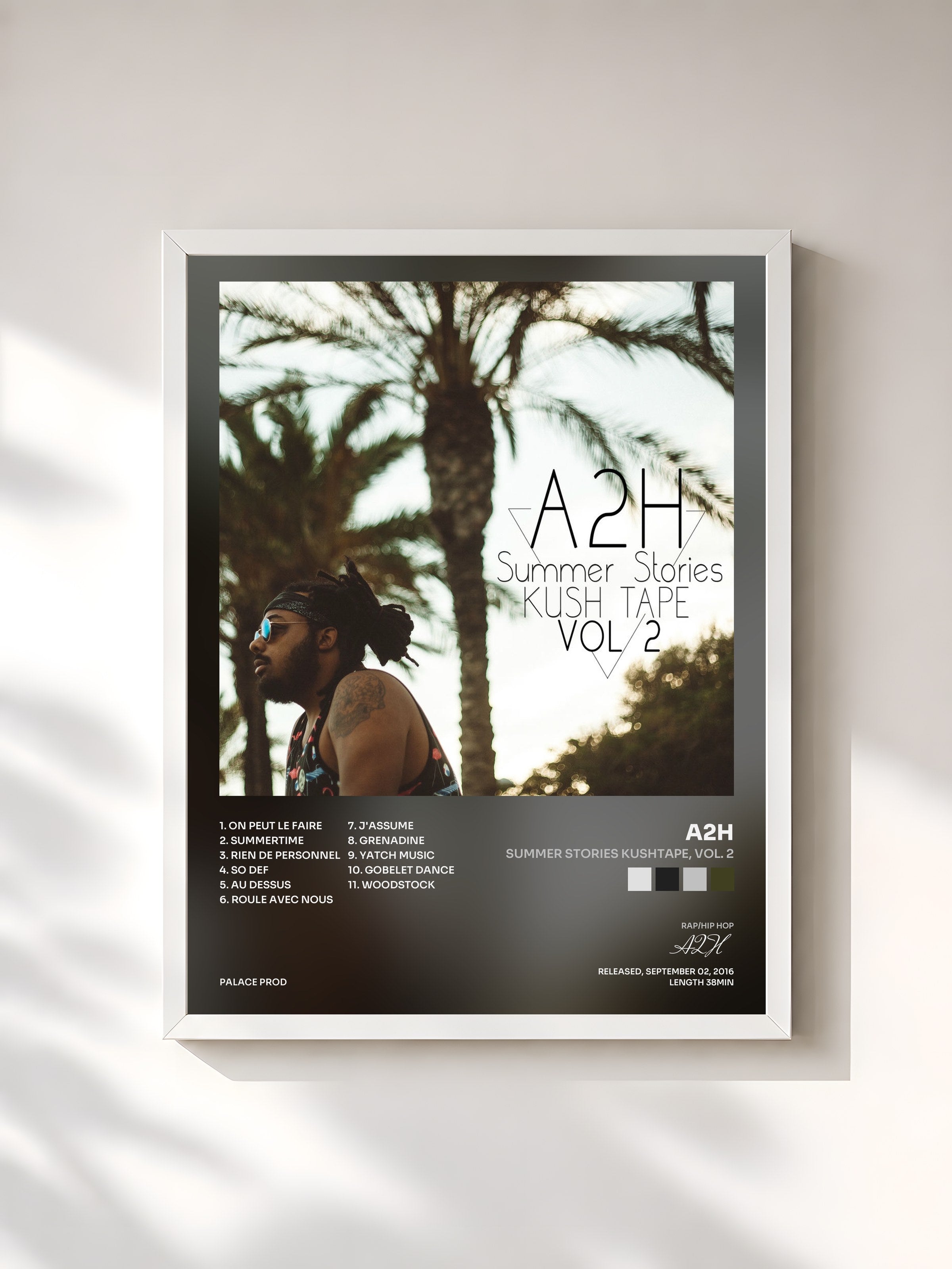 #blanc Tableau de l'album Summer Stories Kushtape, Vol. 2 de A2H, cadre blanc, imprimé et encadré en France