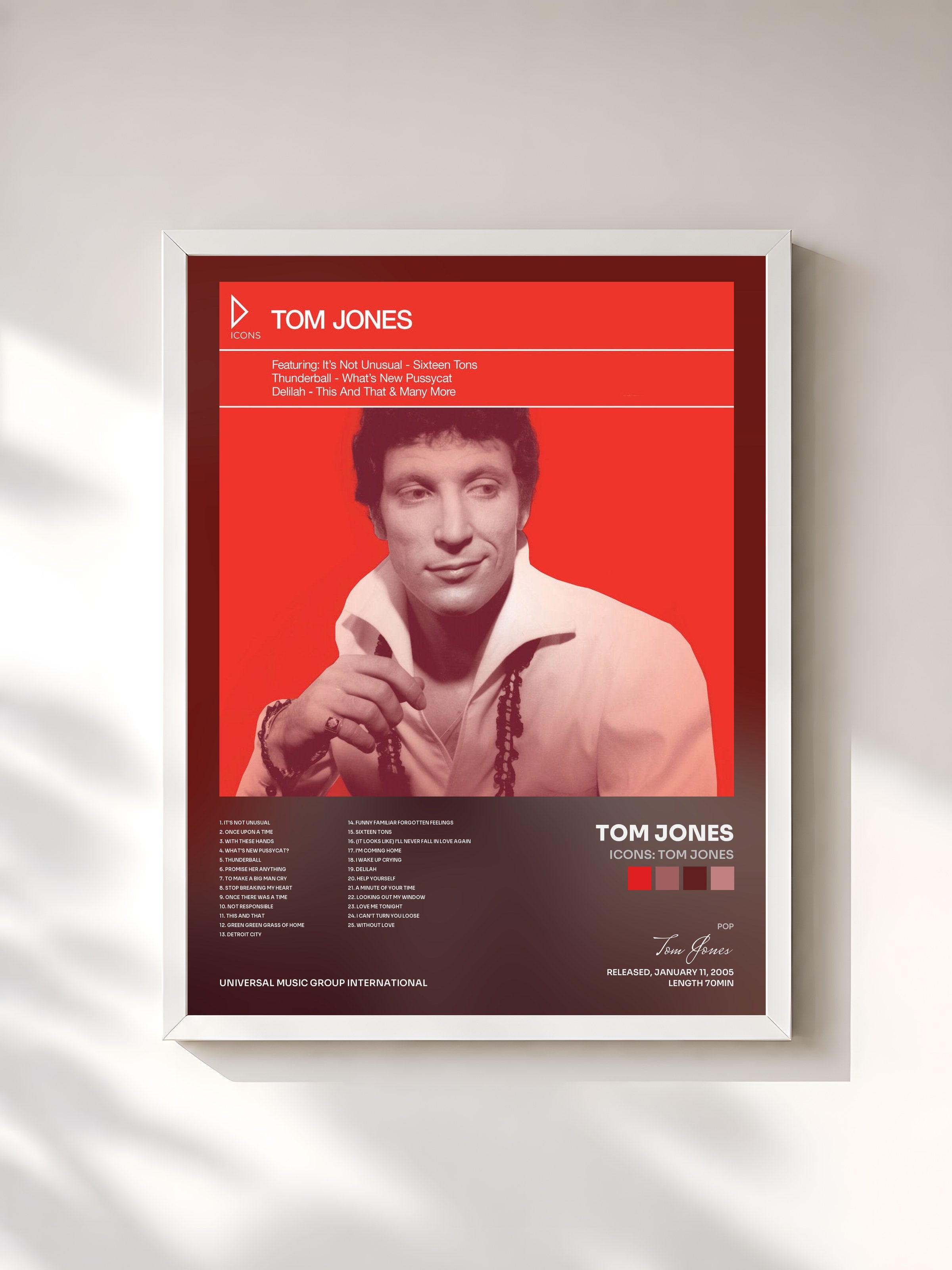 #blanc Tableau de l'album Icons: Tom Jones de Tom Jones, cadre blanc, imprimé et encadré en France