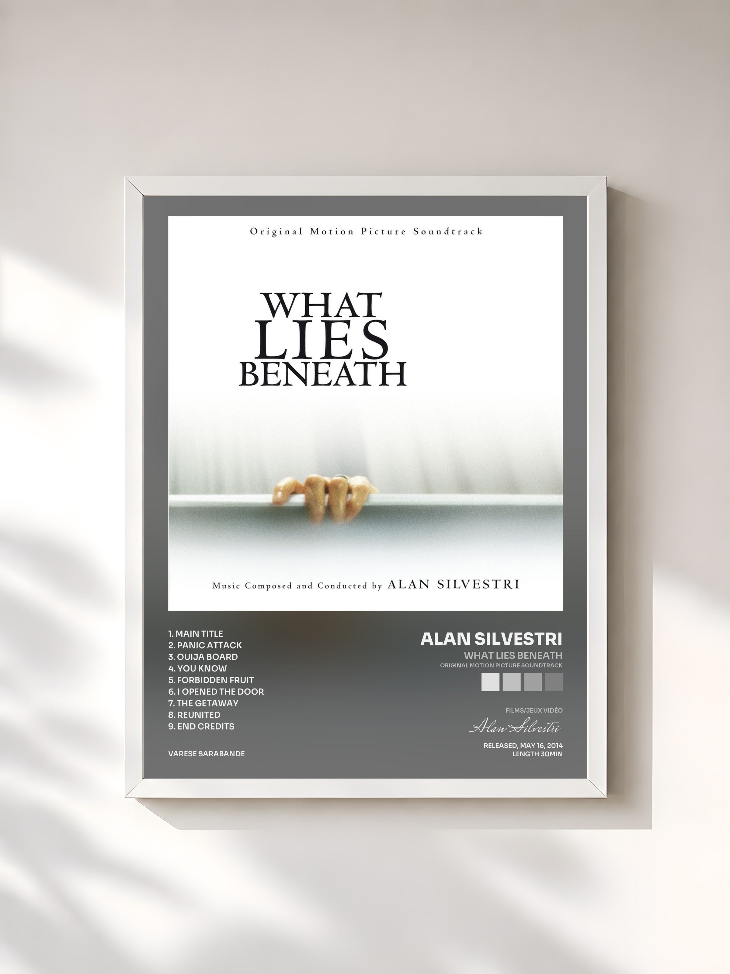 #blanc Tableau de l'album What Lies Beneath (Original Motion Picture Soundtrack) de Alan Silvestri, cadre blanc, imprimé et encadré en France