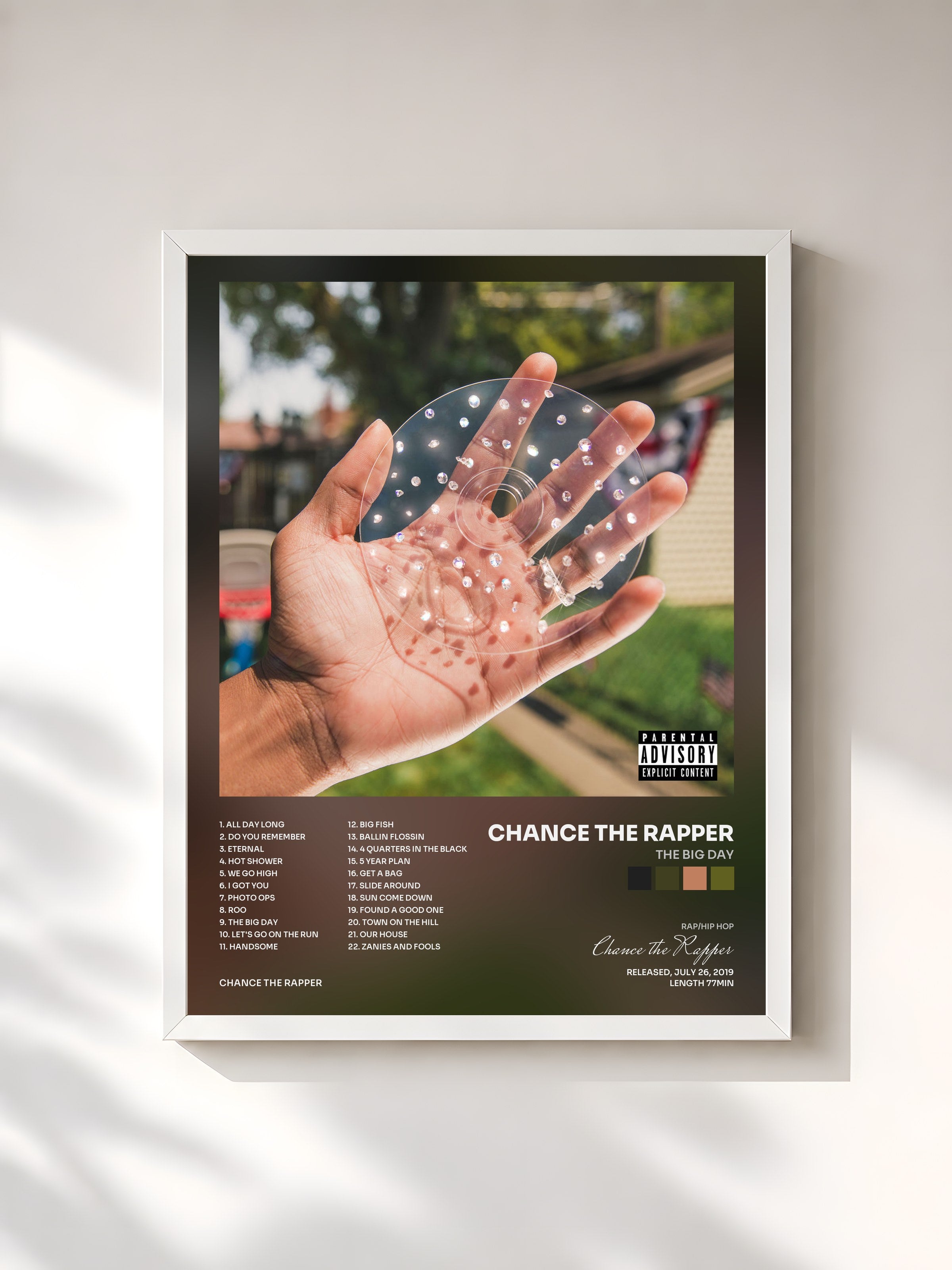 #blanc Tableau de l'album The Big Day de Chance the Rapper, cadre blanc, imprimé et encadré en France