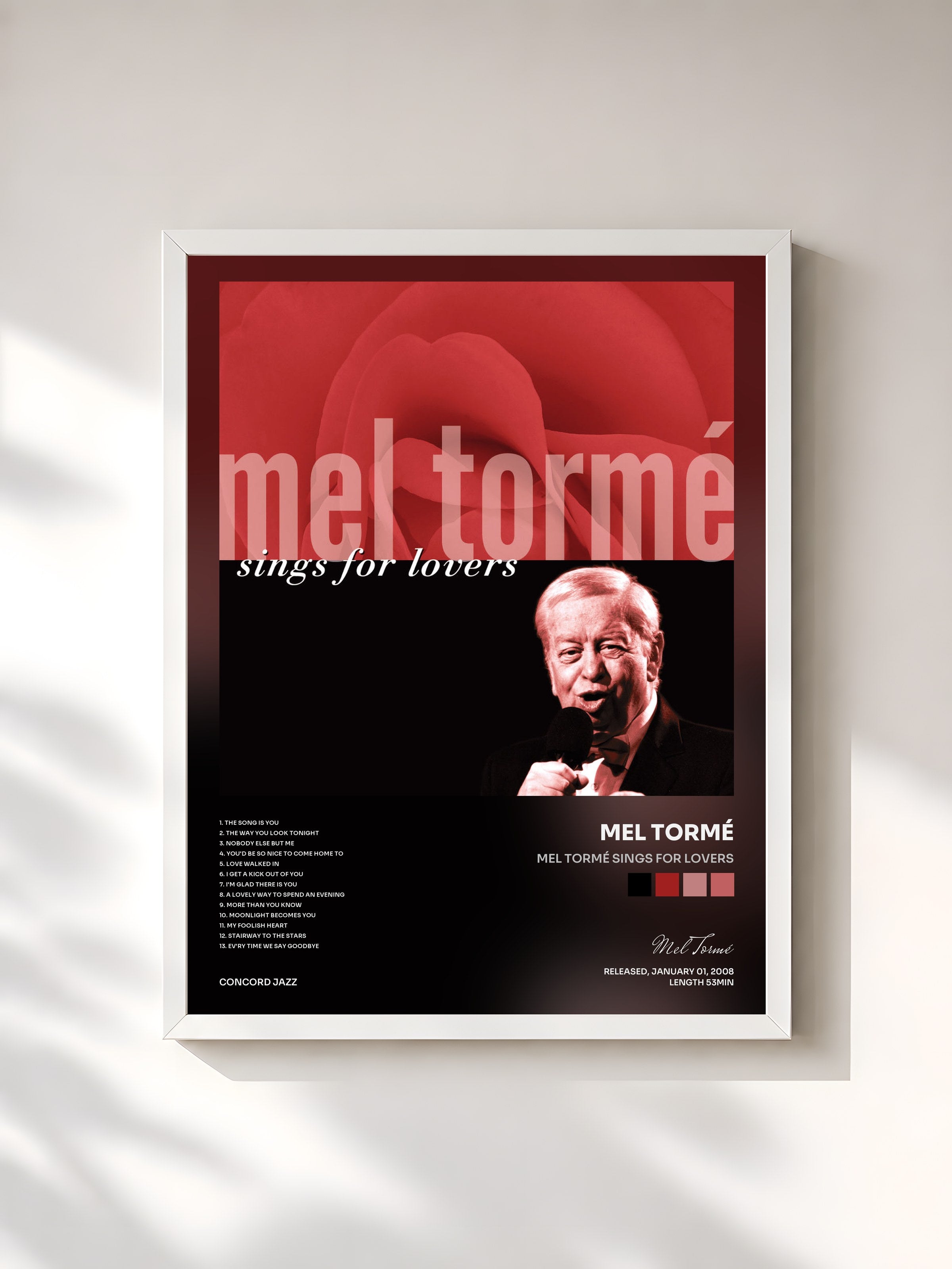 #blanc Tableau de l'album Mel Tormé Sings For Lovers de Mel Tormé, cadre blanc, imprimé et encadré en France