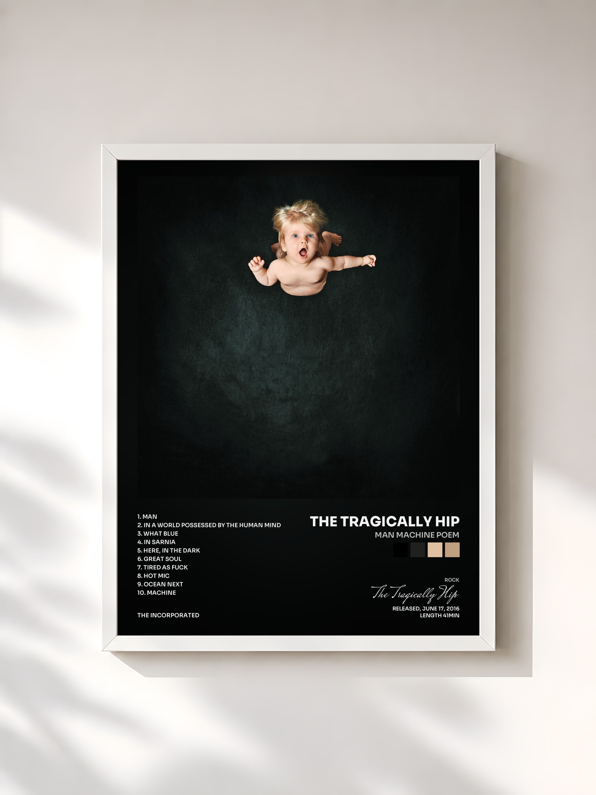 #blanc Tableau de l'album Man Machine Poem de The Tragically Hip, cadre blanc, imprimé et encadré en France