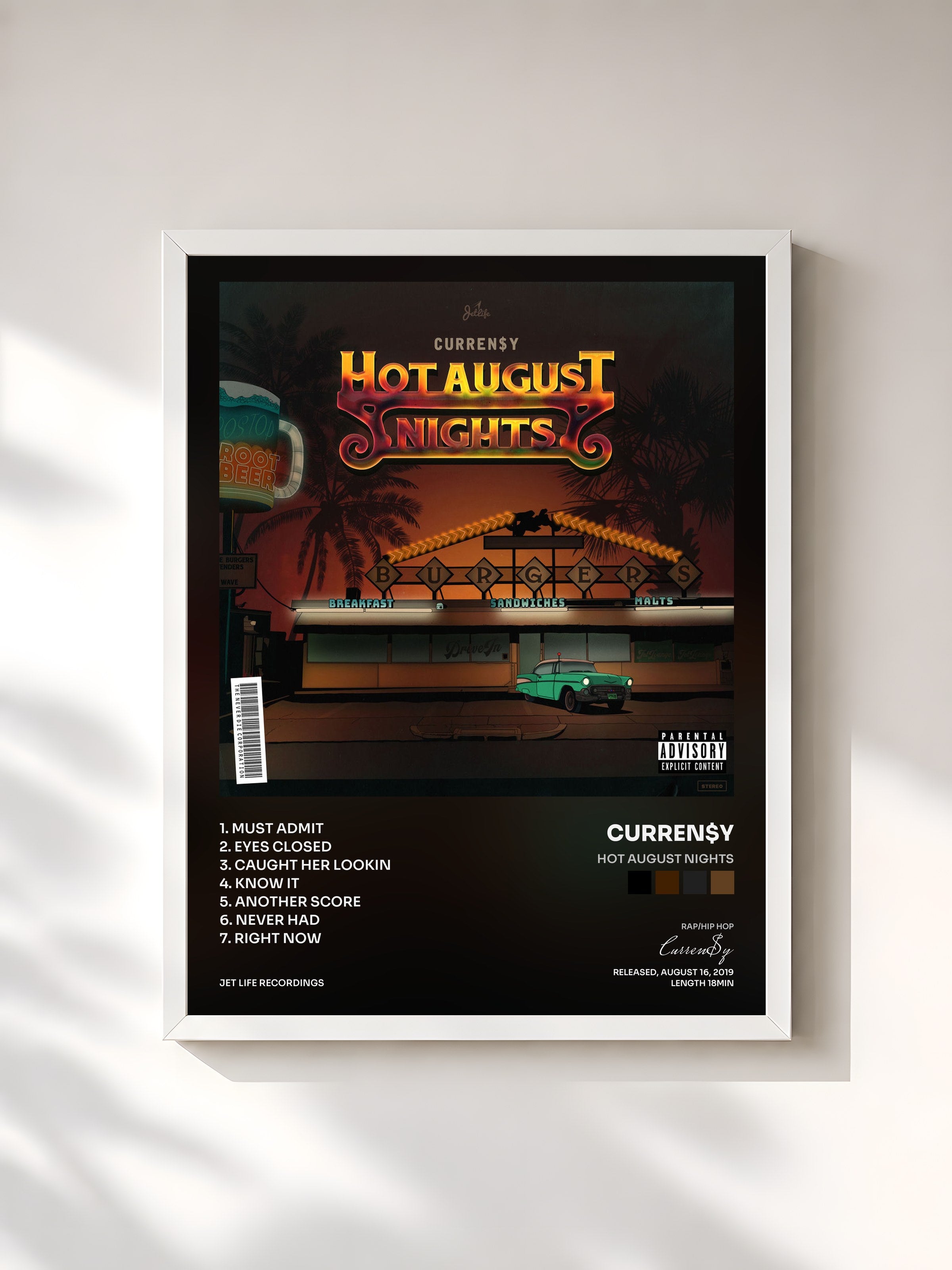#blanc Tableau de l'album Hot August Nights de Curren$y, cadre blanc, imprimé et encadré en France