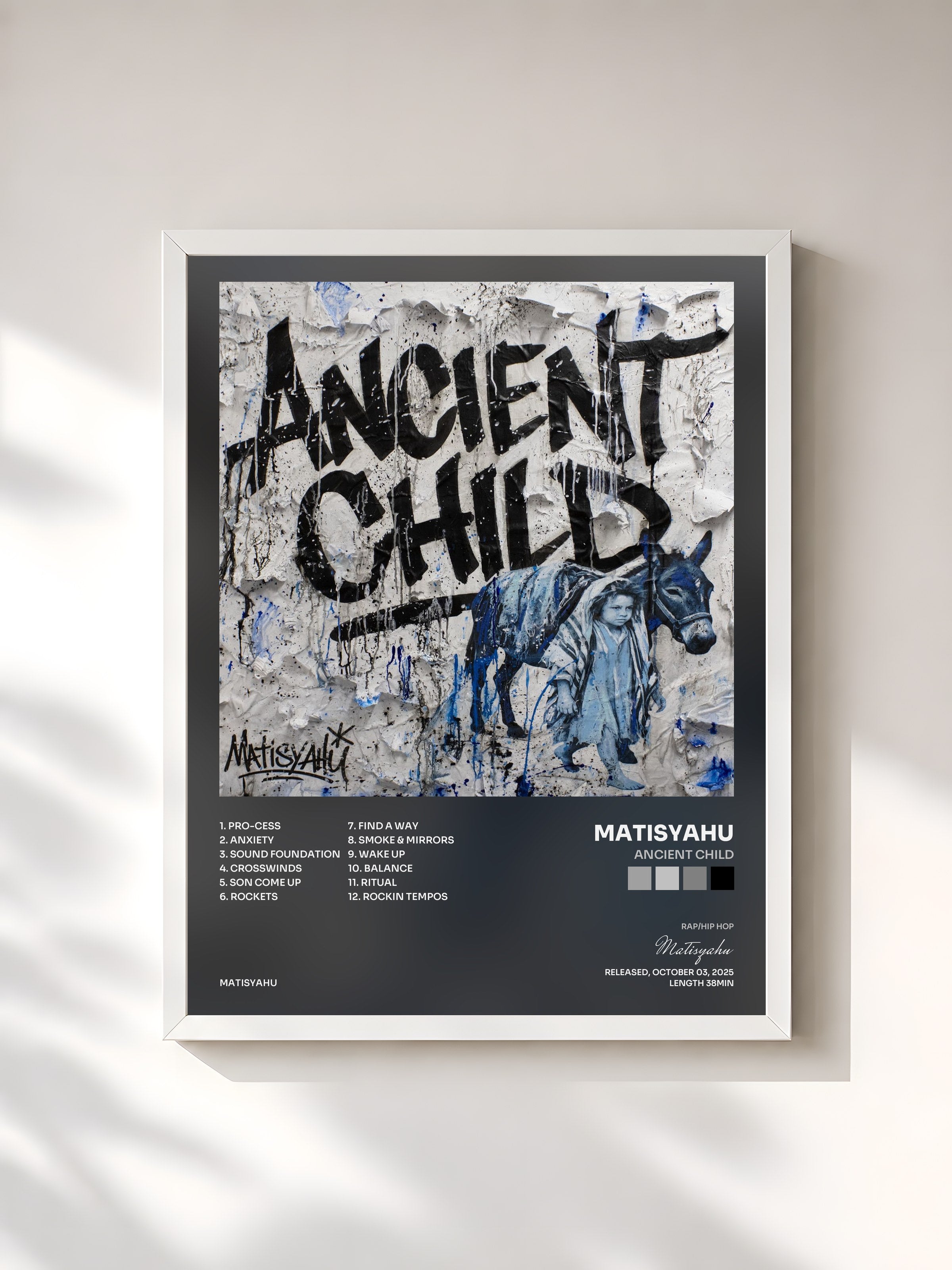 #blanc Tableau de l'album Ancient Child de Matisyahu, cadre blanc, imprimé et encadré en France