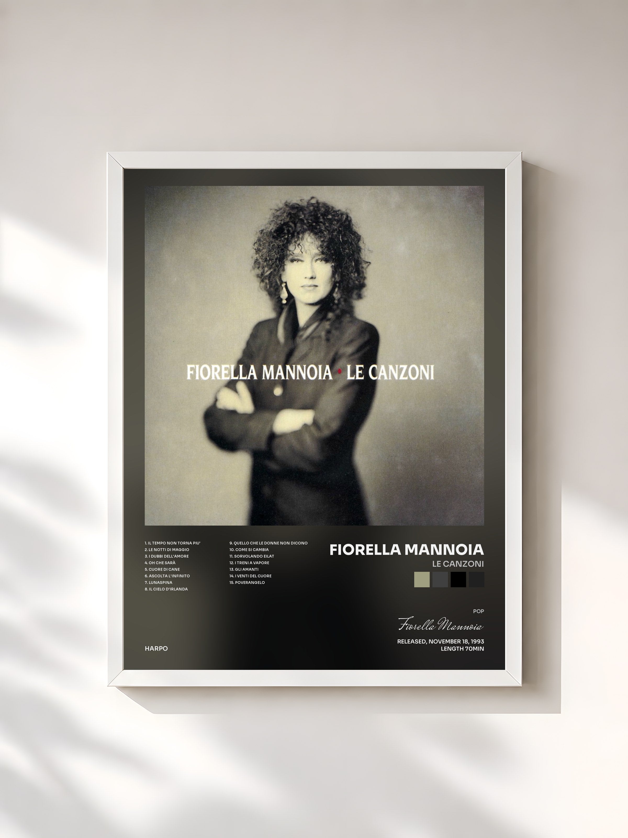 #blanc Tableau de l'album Le Canzoni de Fiorella Mannoia, cadre blanc, imprimé et encadré en France