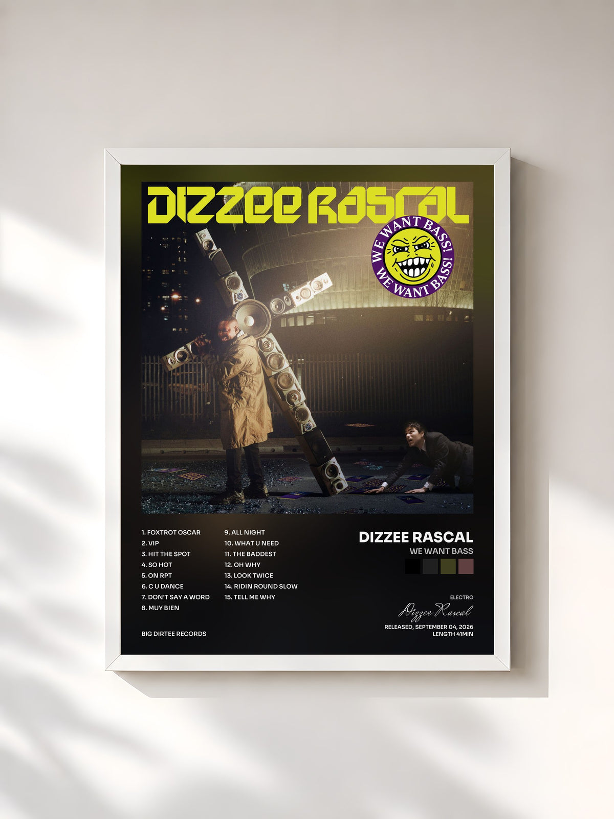 #blanc Tableau de l'album We Want Bass de Dizzee Rascal, cadre blanc, imprimé et encadré en France