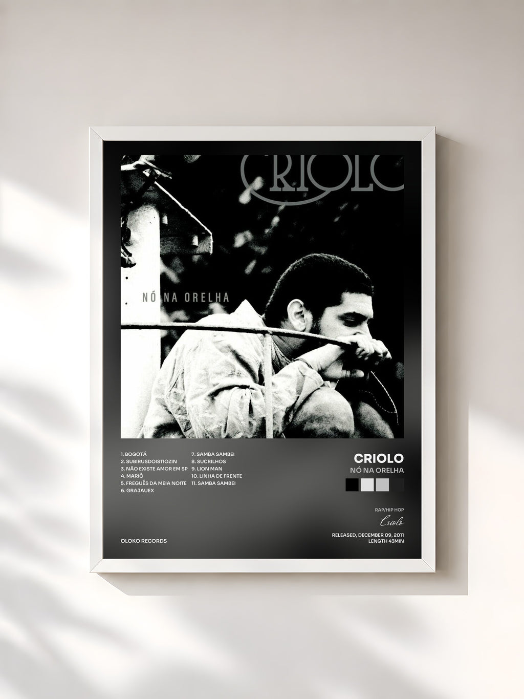 #blanc Tableau de l'album Nó na Orelha de Criolo, cadre blanc, imprimé et encadré en France