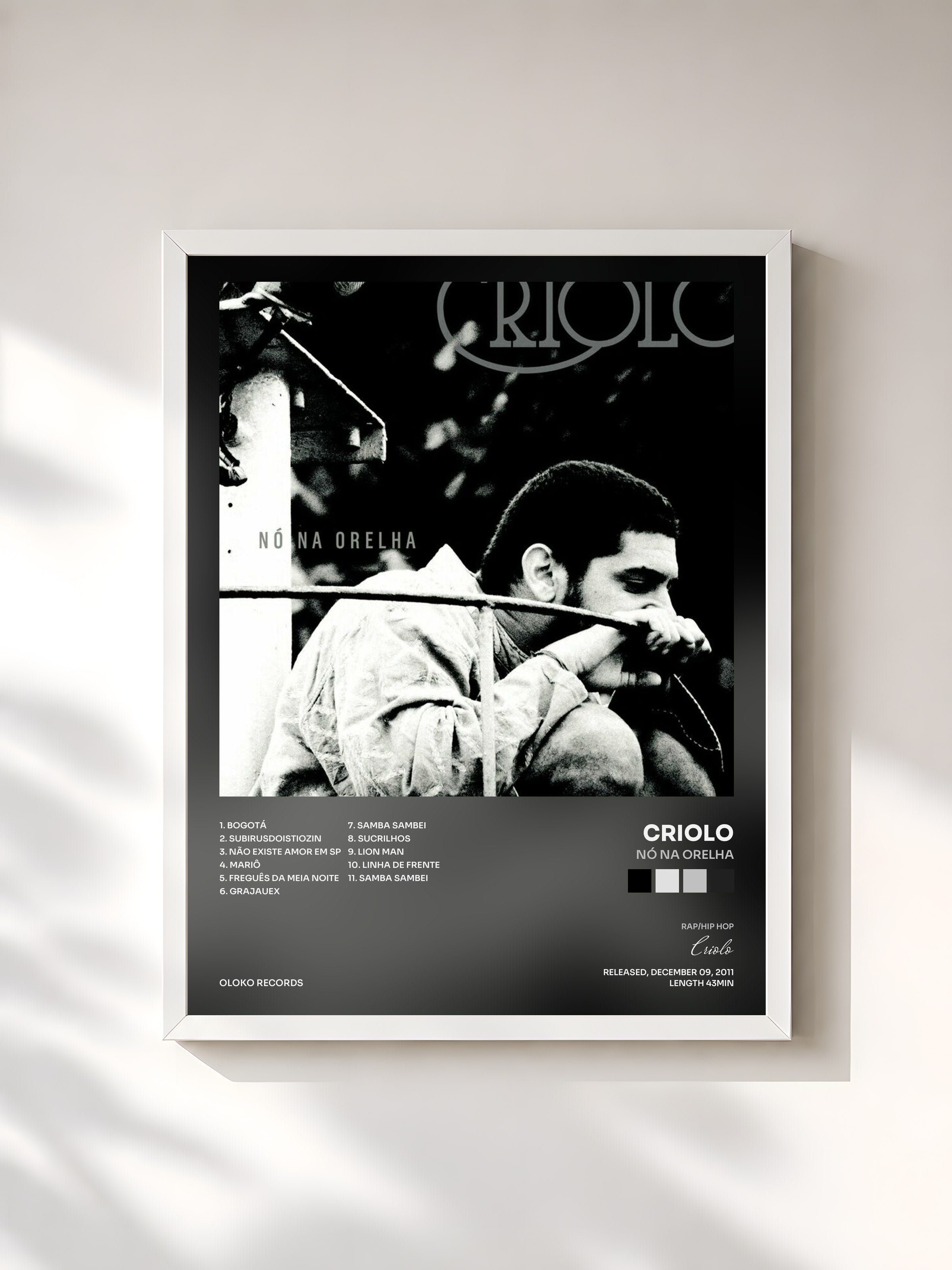 #blanc Tableau de l'album Nó na Orelha de Criolo, cadre blanc, imprimé et encadré en France