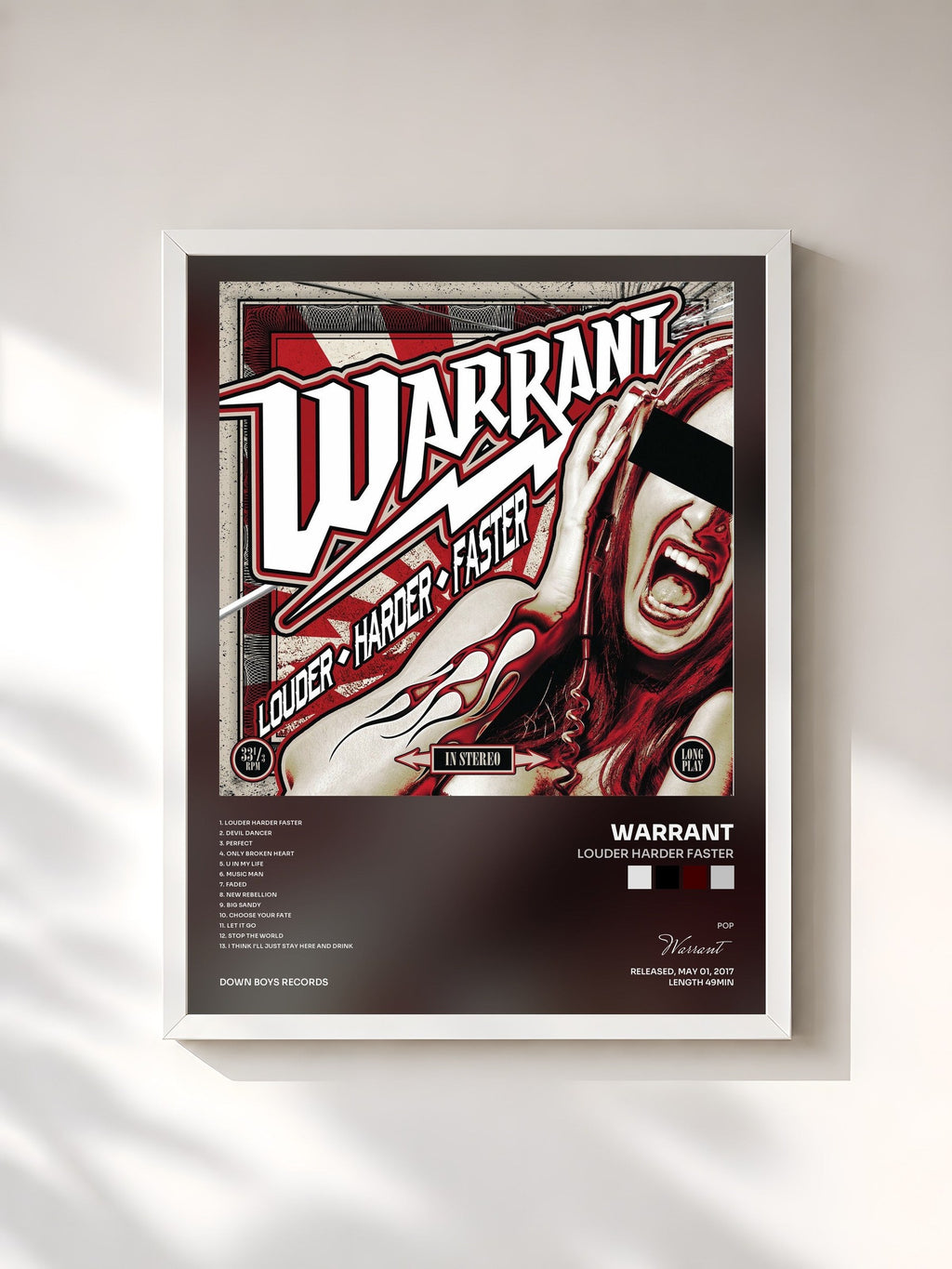 #blanc Louder Harder Faster by Warrant as a framed art print, white frame, printed and framed in France