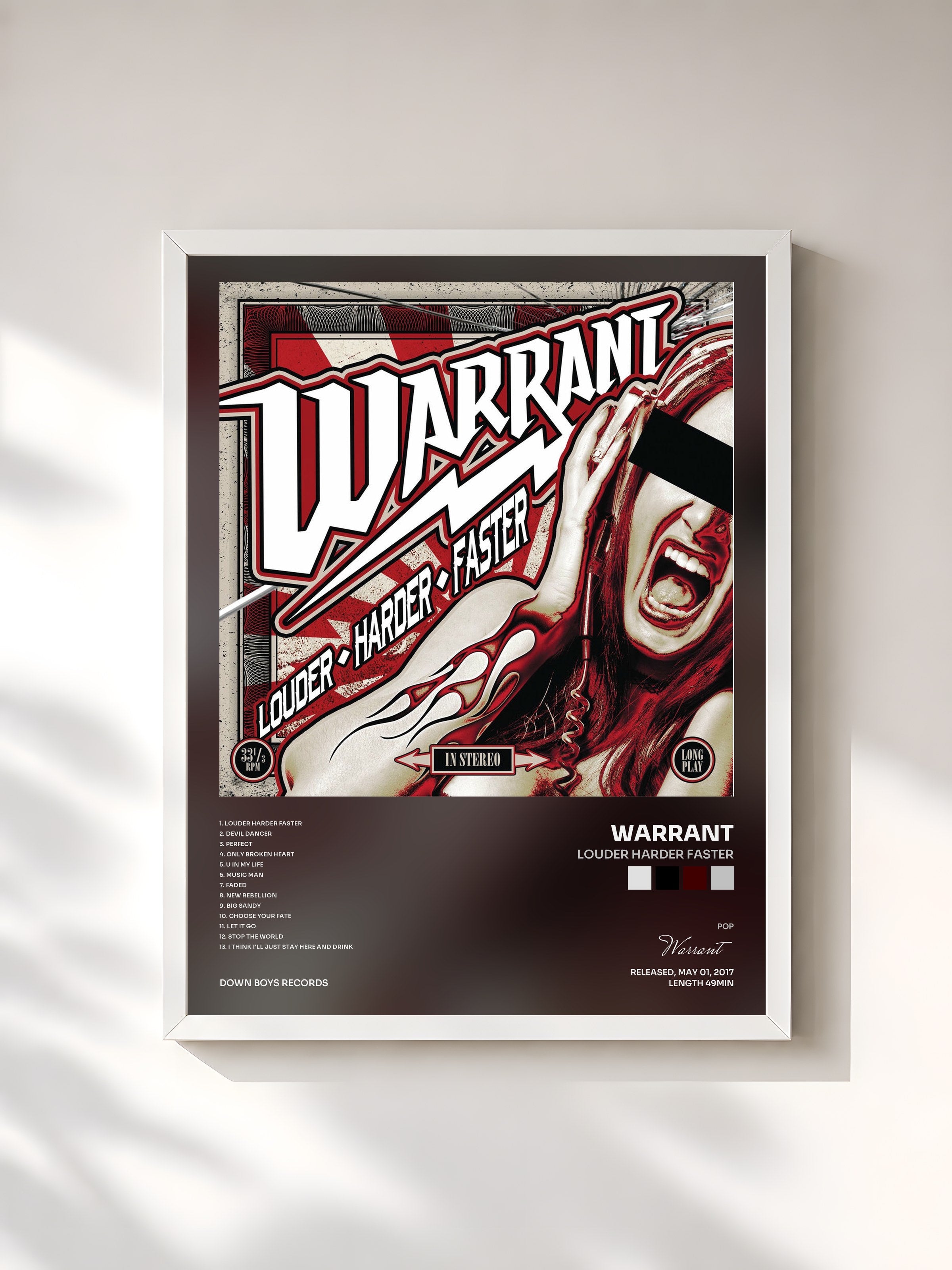 #blanc Tableau de l'album Louder Harder Faster de Warrant, cadre blanc, imprimé et encadré en France