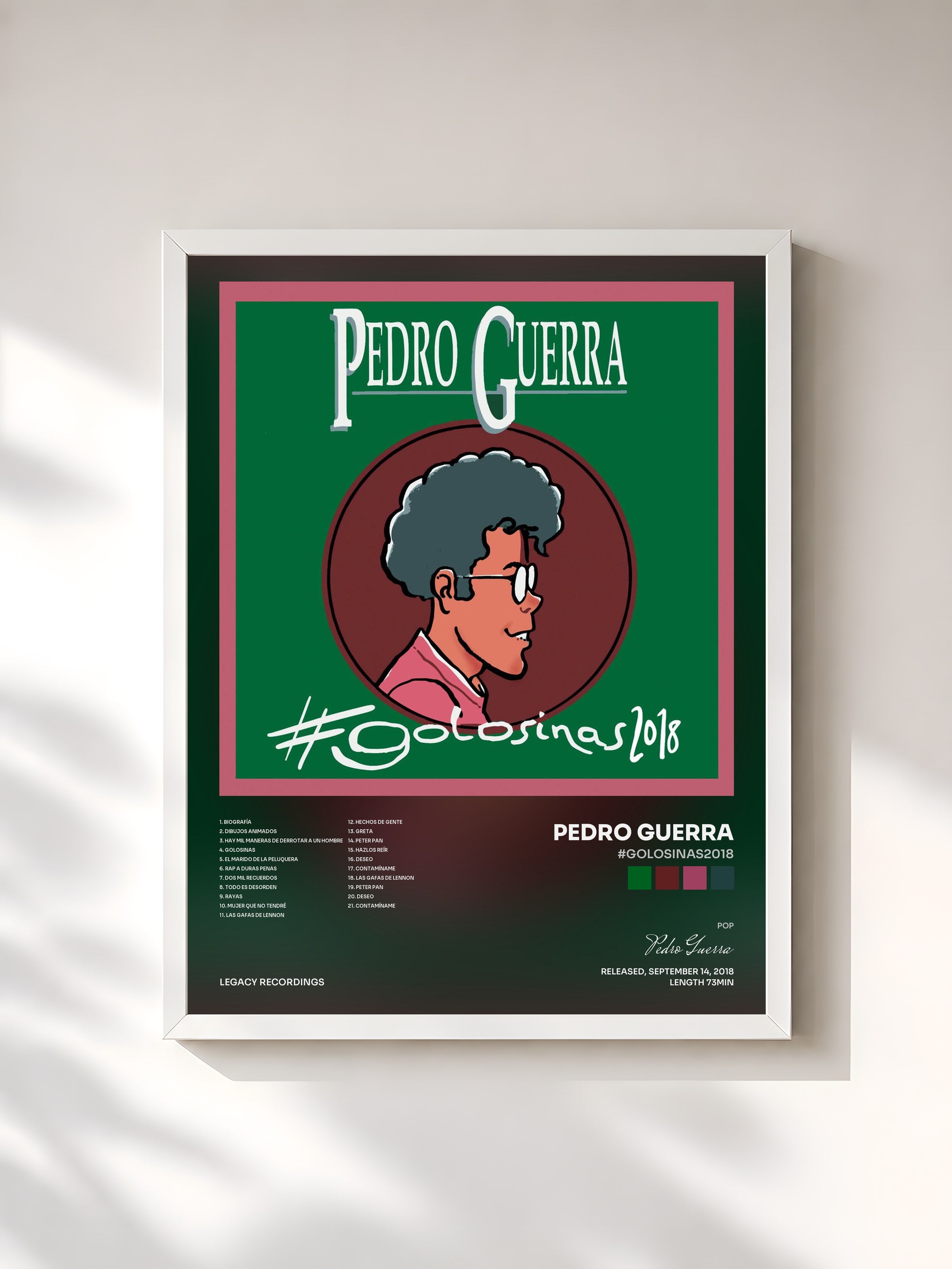 #blanc Tableau de l'album #Golosinas2018 de Pedro Guerra, cadre blanc, imprimé et encadré en France