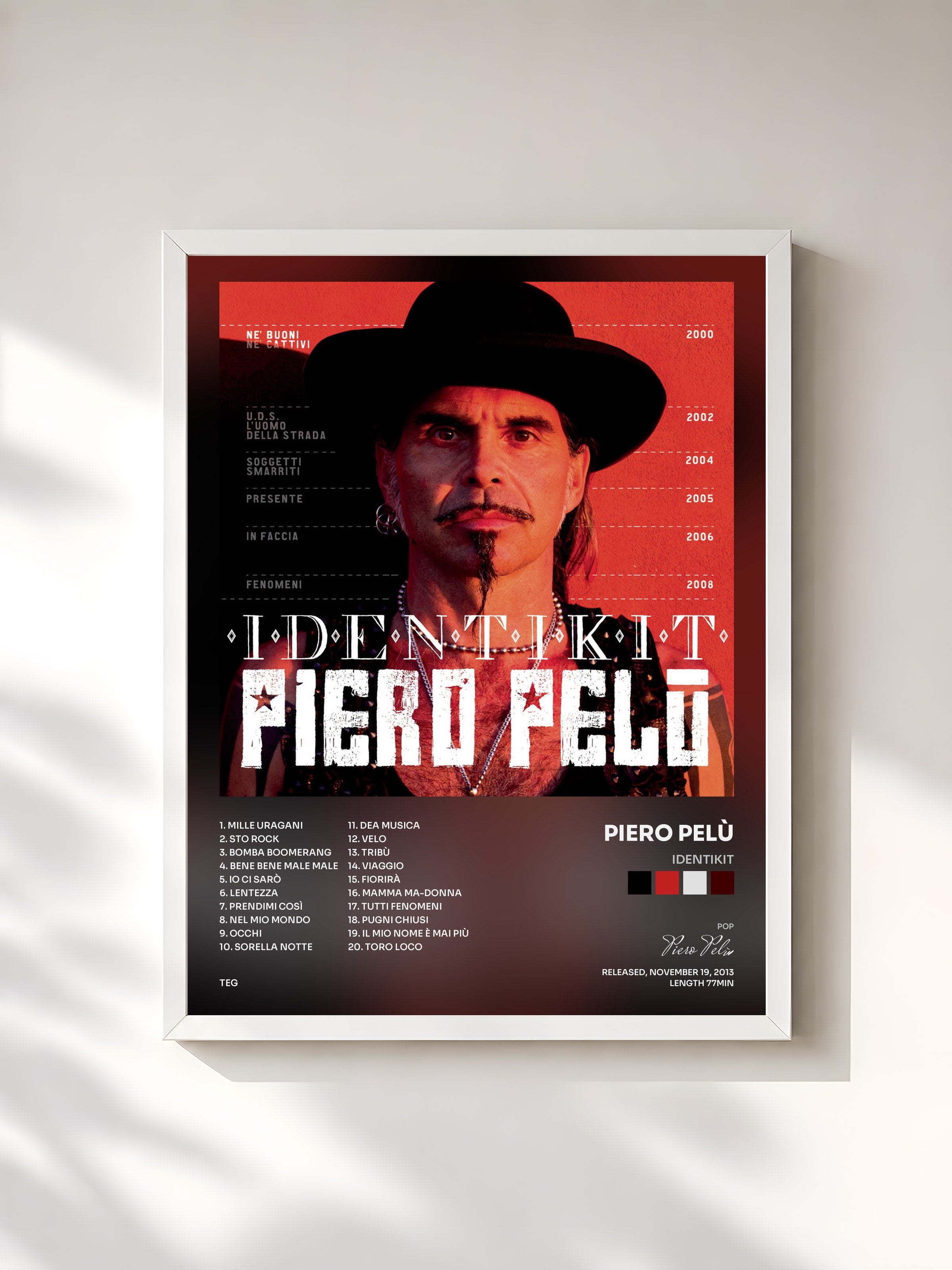 #blanc Tableau de l'album Identikit de Piero Pelù, cadre blanc, imprimé et encadré en France