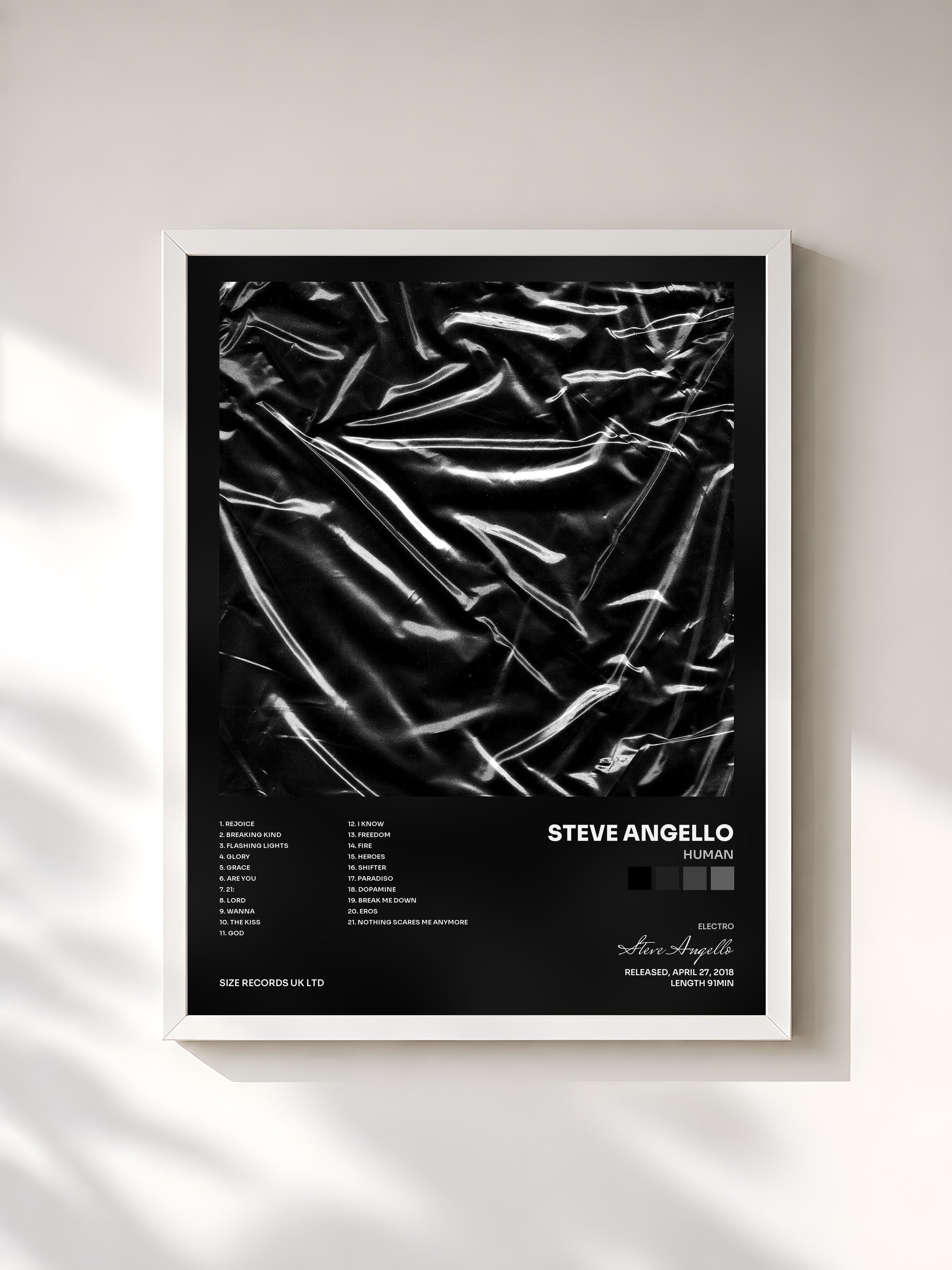 #blanc Tableau de l'album HUMAN de Steve Angello, cadre blanc, imprimé et encadré en France