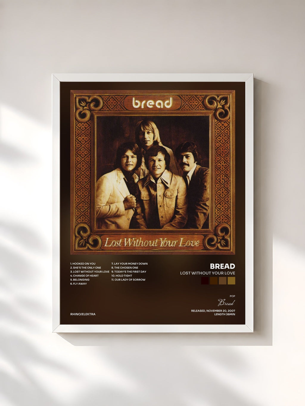 #blanc Tableau de l'album Lost Without Your Love de Bread, cadre blanc, imprimé et encadré en France