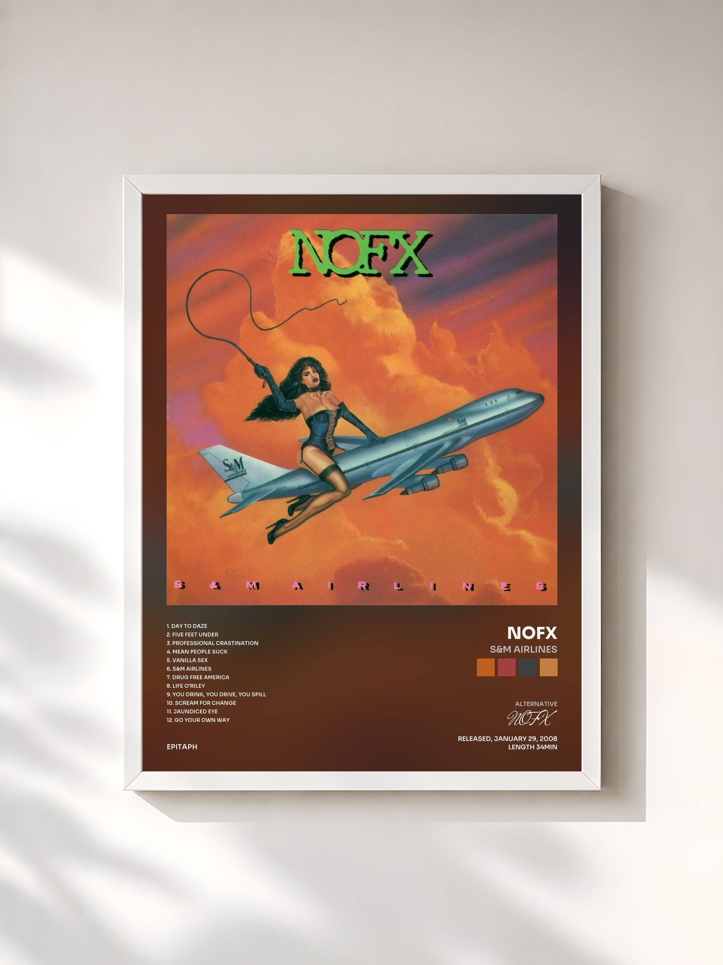 #blanc Tableau de l'album S&M Airlines de NOFX, cadre blanc, imprimé et encadré en France
