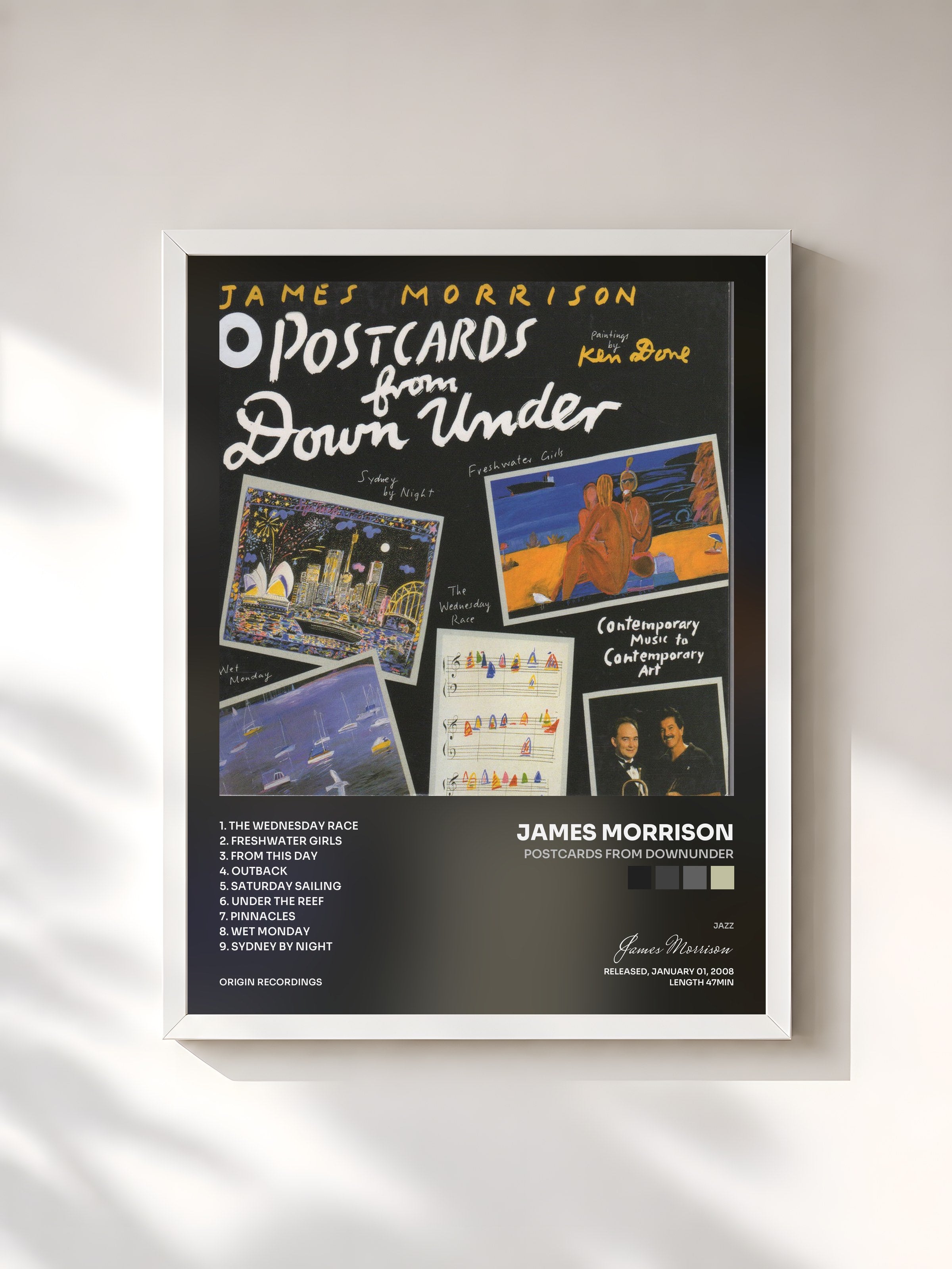 #blanc Tableau de l'album Postcards From Downunder de James Morrison, cadre blanc, imprimé et encadré en France