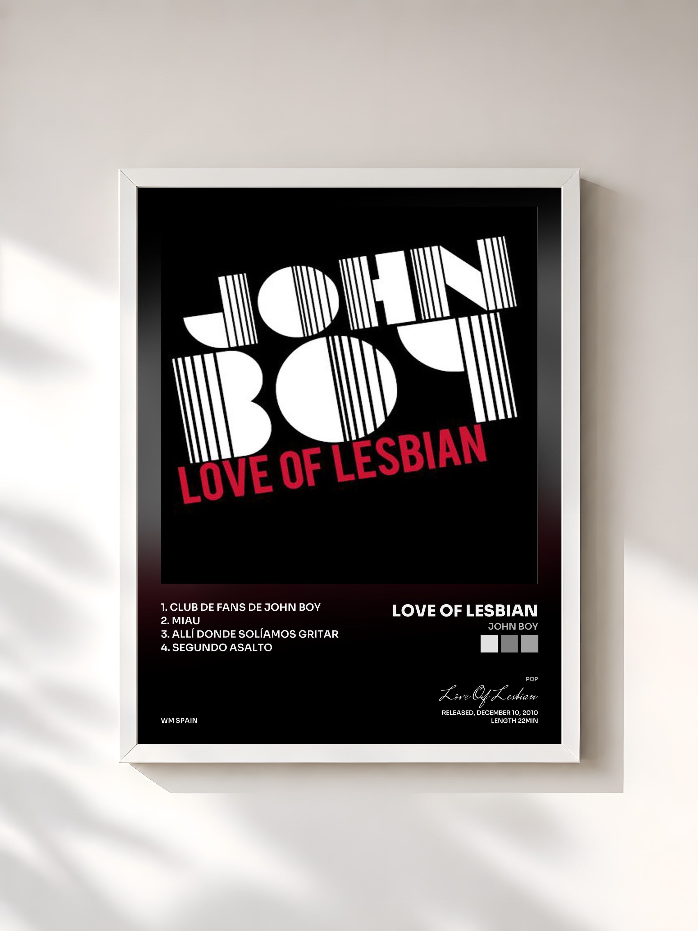 #blanc Tableau de l'album John boy de Love Of Lesbian, cadre blanc, imprimé et encadré en France