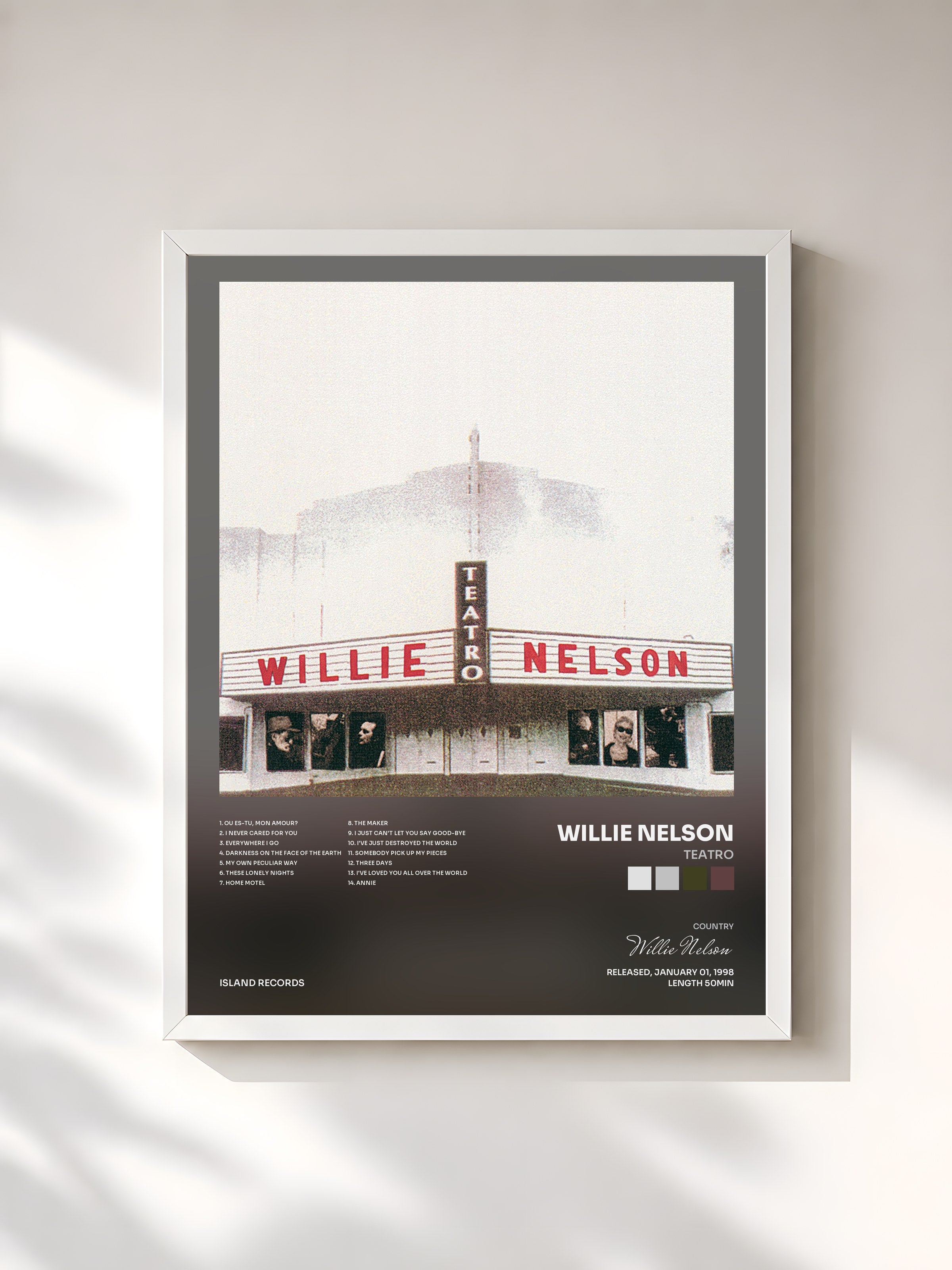 #blanc Tableau de l'album Teatro de Willie Nelson, cadre blanc, imprimé et encadré en France