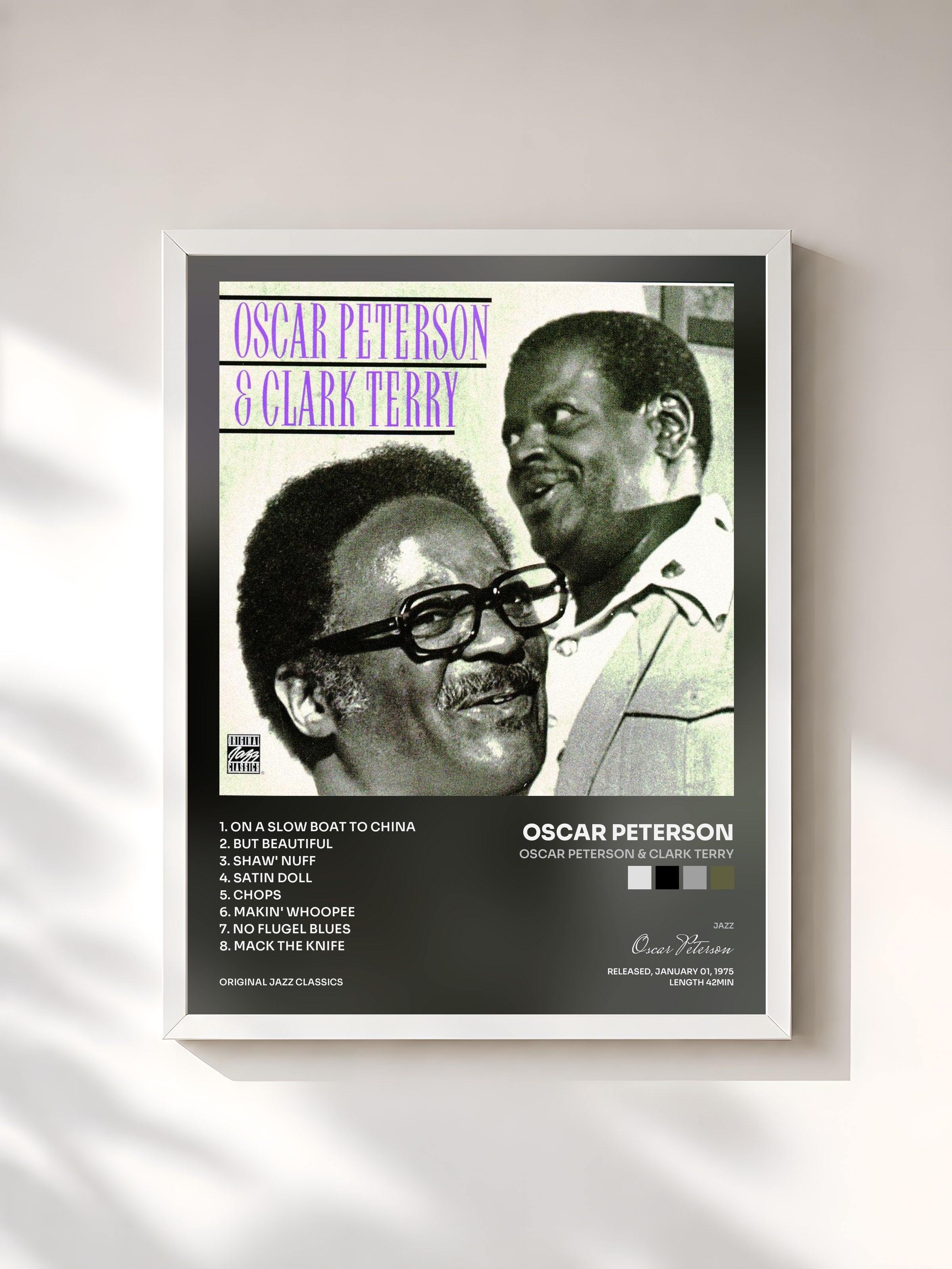 #blanc Tableau de l'album Oscar Peterson & Clark Terry de Oscar Peterson, cadre blanc, imprimé et encadré en France
