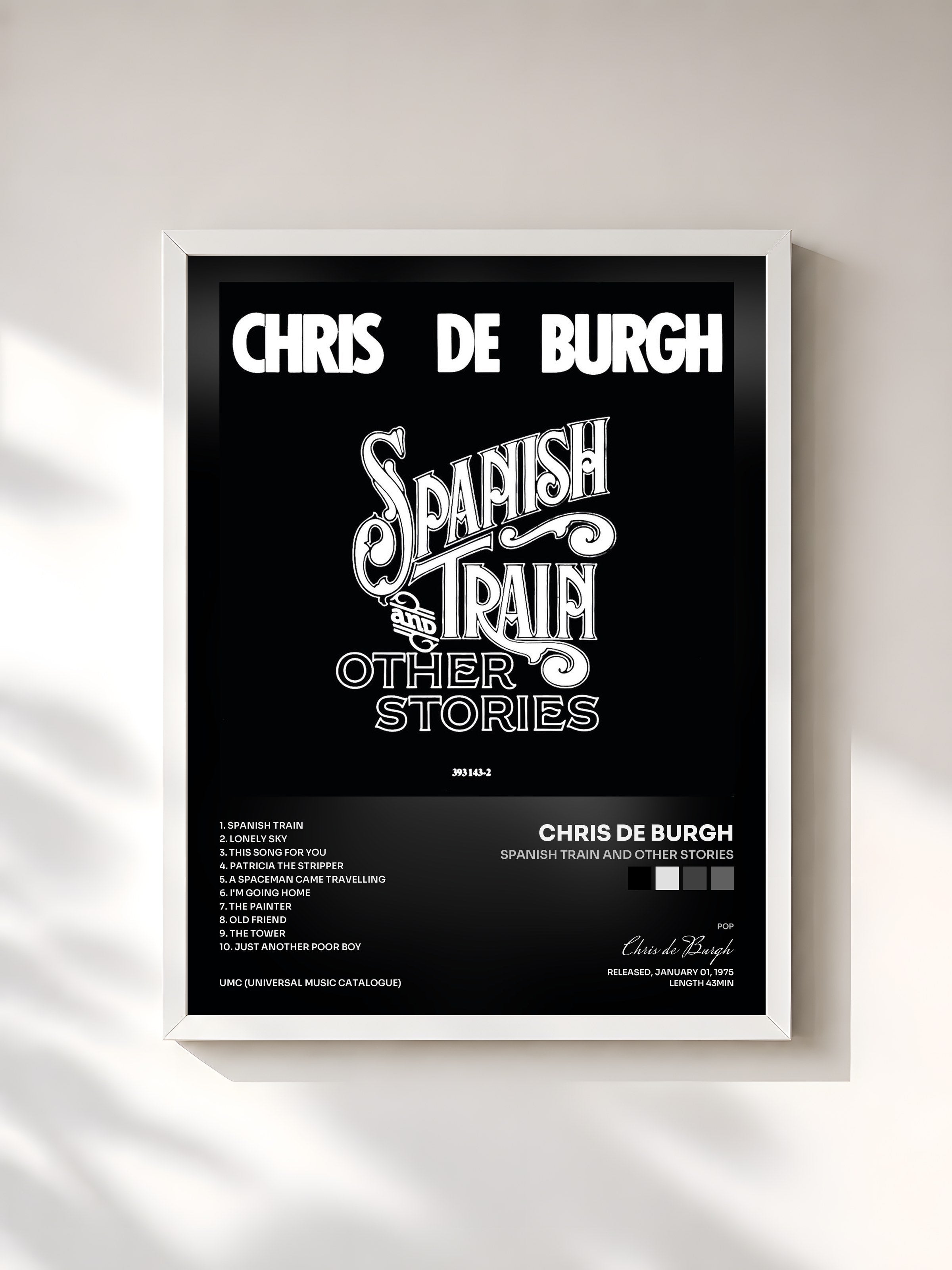 #blanc Tableau de l'album Spanish Train And Other Stories de Chris de Burgh, cadre blanc, imprimé et encadré en France