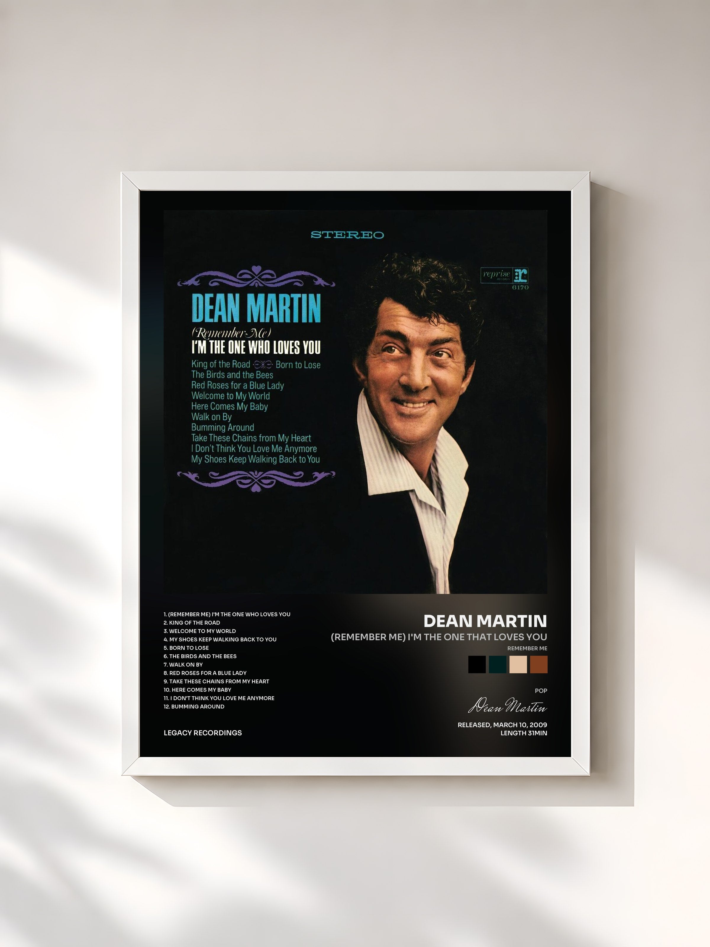 #blanc Tableau de l'album (Remember Me) I'm the One That Loves You de Dean Martin, cadre blanc, imprimé et encadré en France